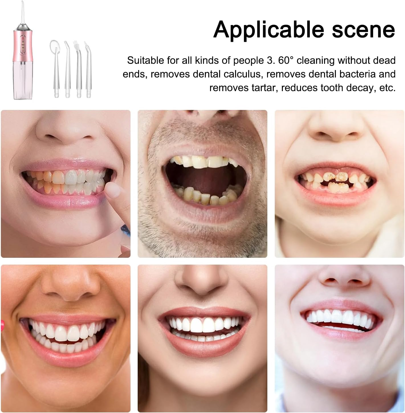 GIOD Water Flosser, Cordless Dental Oral Irrigator, Electric Portable Smart Tooth Cleaner, IPX7 Waterproof Rechargeable Dental Care with 3 Pressure Modes 4 Nozzles, 240Ml for Home and Travel (Pink) image number 4