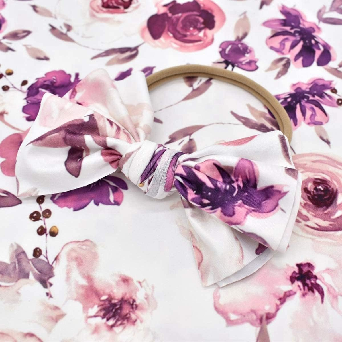 35X35Inch Infant Floral Swaddle Wrap with Headbands Set Newborn Receiving Blanket Photography Props (Purple) image number 6