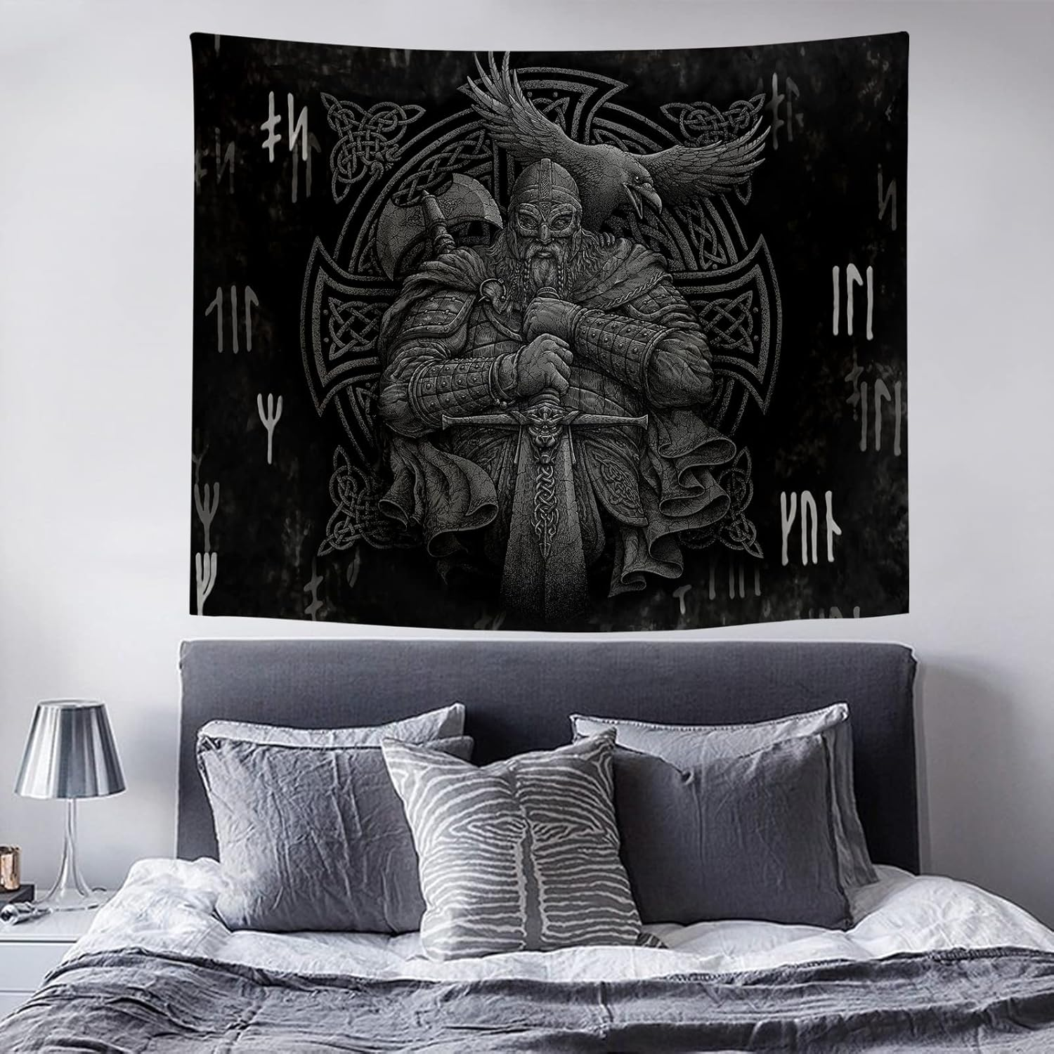 Norse Viking Tapestry Odin Warrior Sword Axe Raven Tapestries Square Knot Tattoo Art Wall Hanging Nordic Meditation Runes for Men Bedroom Aesthetic Room Home Decor 80" X 60" image number 2