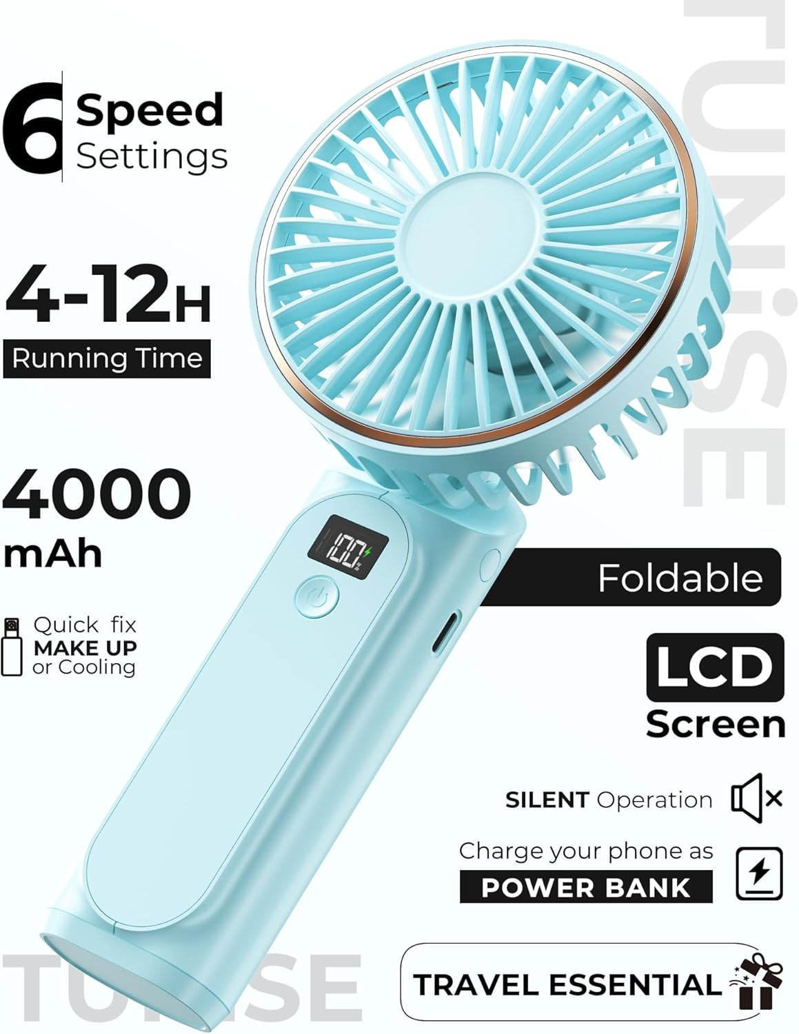 Portable Handheld Fan, 4000Mah, 180 Adjustable, 6 Speed Wind, USB Rechargeable Foldable Fan with Real-Time Electricity Display image number 5