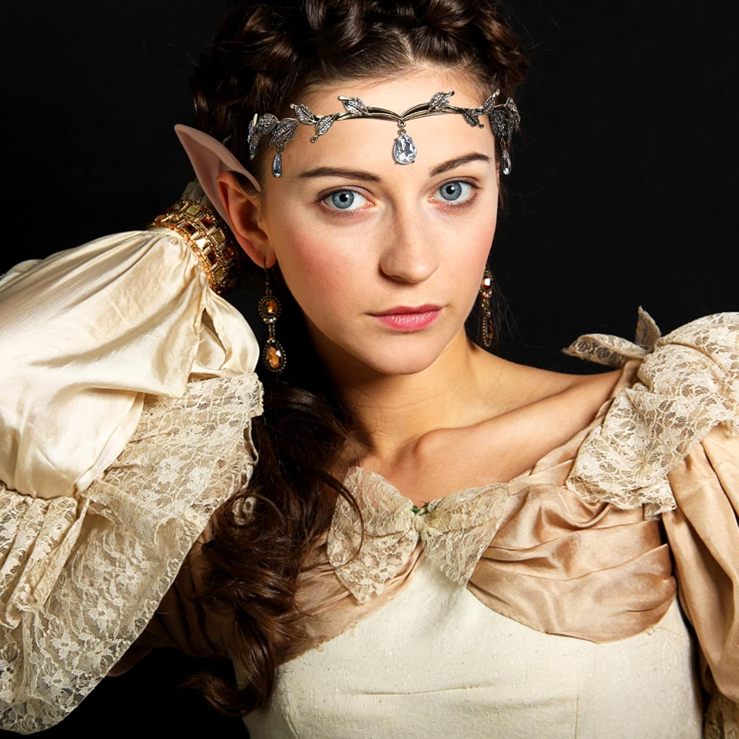 FRESHME Elf Ears with Fairy Crown Set Pixie Headpiece with 2 Pairs Fairy Ears Kit - Crystal Crown - Gold Set image number 5