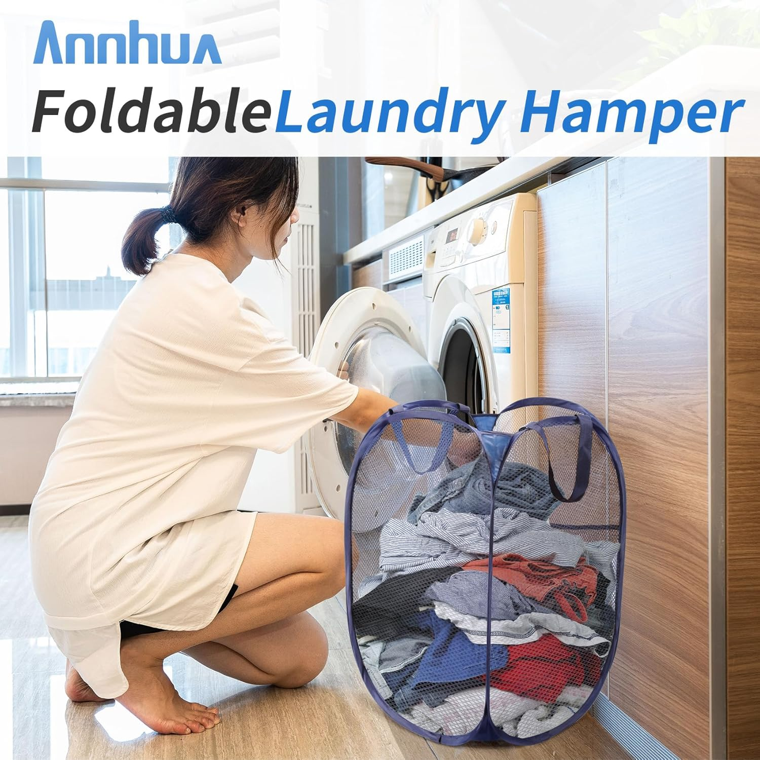 Annhua Collapsible Laundry Basket 75L Mesh Hamper with Handles, Portable Washing Bin with Square Opening for Home, Travel & Bathroom - Black image number 1