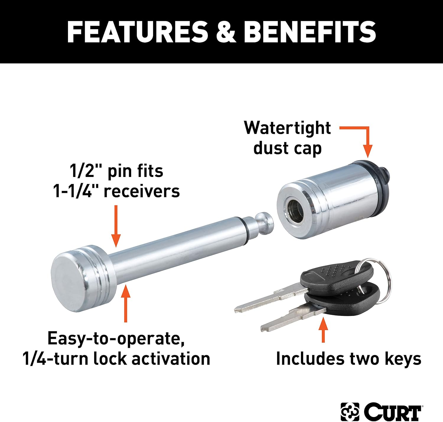 CURT 23501 Trailer Hitch Lock, 1/2-Inch Pin Diameter, Fits 1-1/4-Inch Receiver image number 1