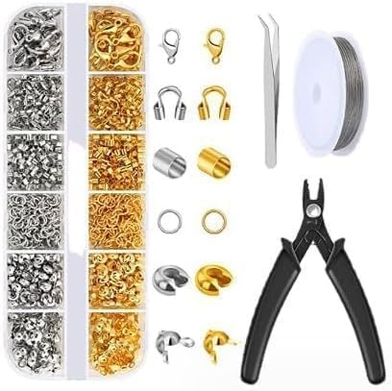 1200 Pcs Crimp Beads Kit for Jewelry Making Crimp Beads Crimp Covers Crimp Tubes and Wire Guardians Lobster Clasps Jump Rings Crimping Pliers and Beading Wire for Jewelry Making image number 3