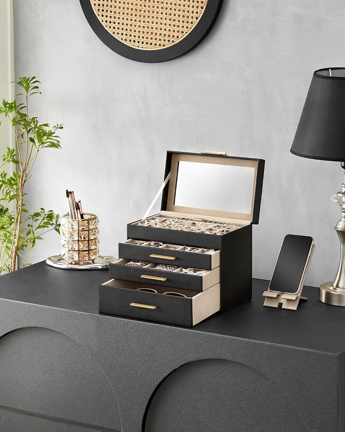 SONGMICS JBC161B02 4 Tier Jewellery Box with Glass Lid 3 Drawers Sunglasses Large Jewellery Storage Modern Graphite Black Gold image number 5