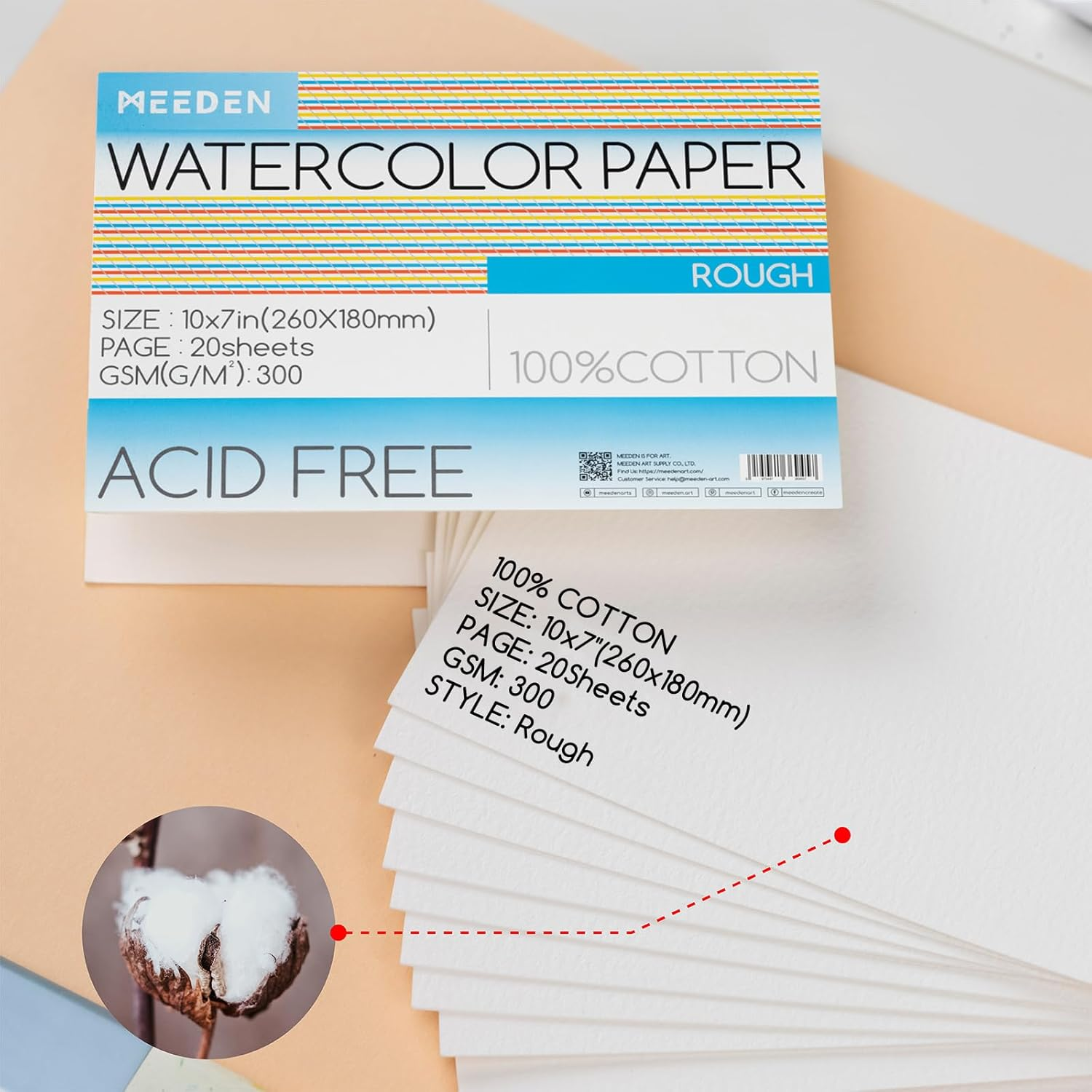 MEEDEN Watercolour Paper Block, 100% Cotton Watercolour Paper Pad of 20 Sheets, 140Lb/300Gsm, Acid-Free Art Paper for Watercolour, Gouache, Ink and More, 10" X 7" Rough Grain image number 2