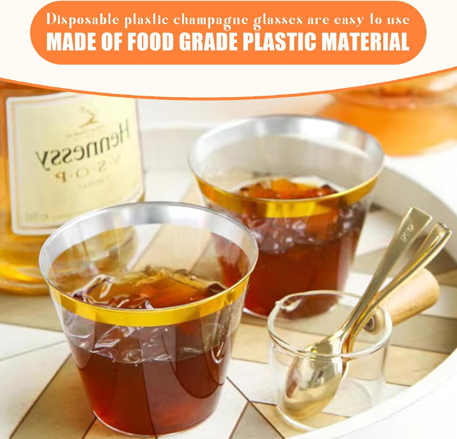 100 Pcs Plastic Cups,Reusable Drinking Cups with Glod Trim,270 Ml Elegant Party Wine Glasses Tumblers Shot Cups Party Cups Plastic for Home Decoration Party Wedding Birthday Camping(9 OZ) image number 1