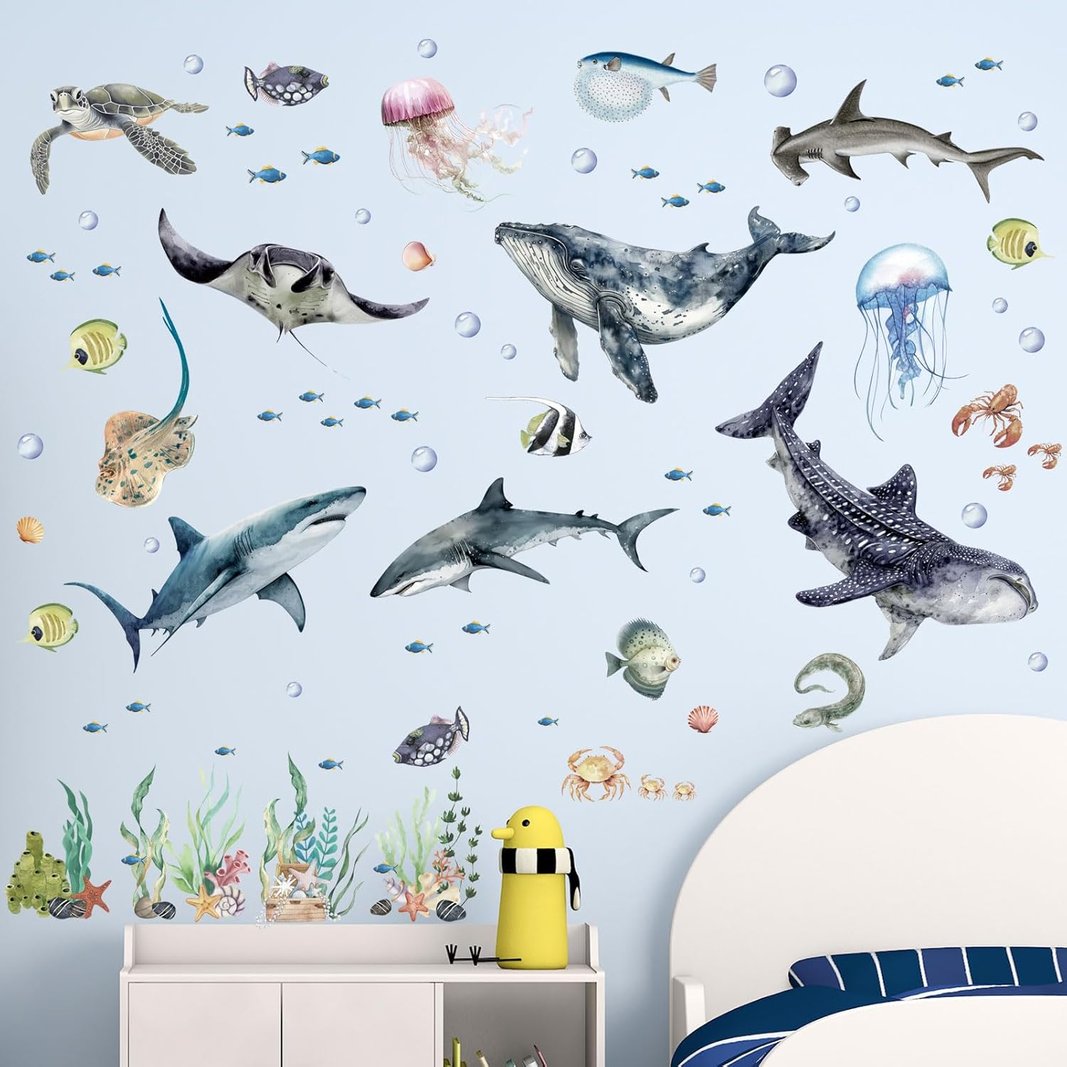 3 Pieces under the Sea Wall Decals - Marine Theme Shark Whale Fish Sea Turtle Ocean Wall Stickers - Bathroom Baby Nursery Kids Bedroom Daycare Wall Decor image number 5