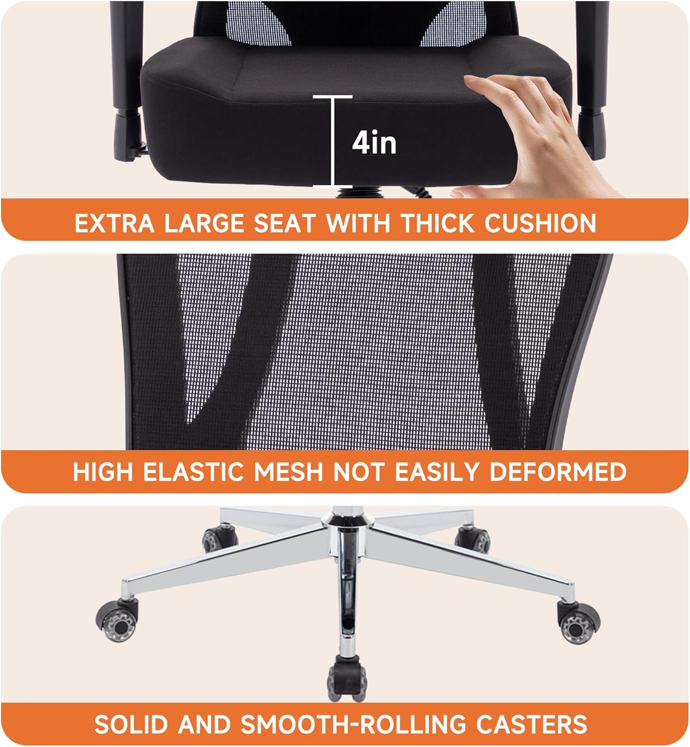 Ergonomic Office Chair,Computer Chair Big and Tall Computer Desk Chair with 4D Armrest,Heavy Duty Mesh Office Chair with Adjustable Lumbar Support with Upgraded Caster Wheels with Headrest image number 2