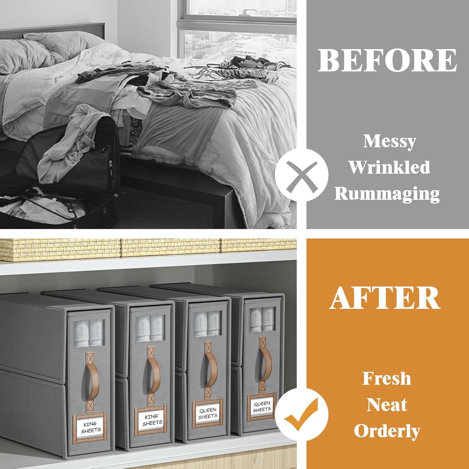 Bed Sheet Organizers and Storage,Foldable Sheet Organizer for Linen Closet,Linen Bedding Storage Box with Leather Handle for Bedsheets,Flannel Blankets,Thin Quilts (Gray, 4 Pack) image number 6