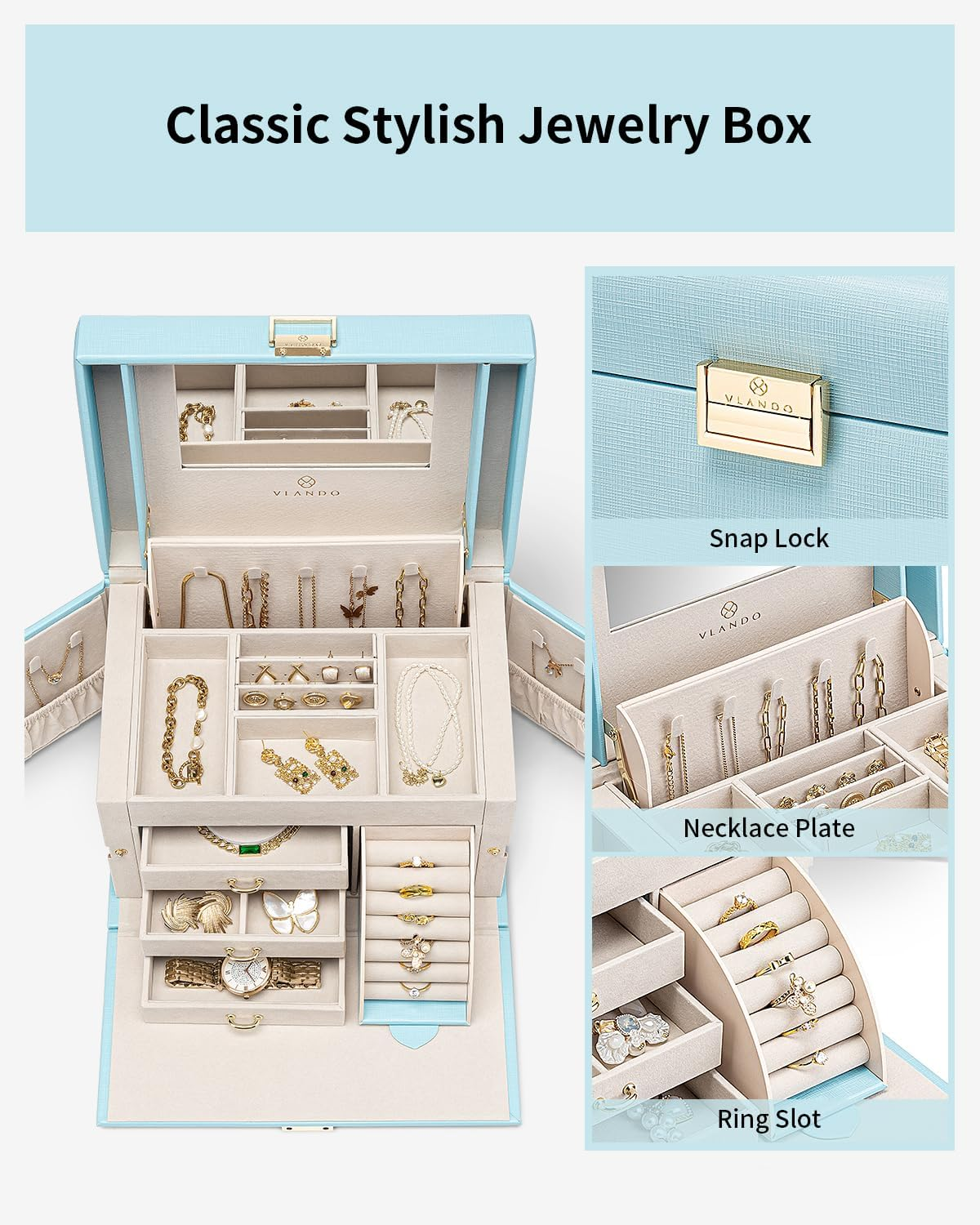 Vlando Jewelry Box Organizer for Girls Women, Large Baroque Jewelry Holder Organizer with Mirror, 3 Drawers for Bracelets, Earrings, Rings, Necklaces, Mothers Day Gifts for Loved One, Blue - F.Blue image number 4