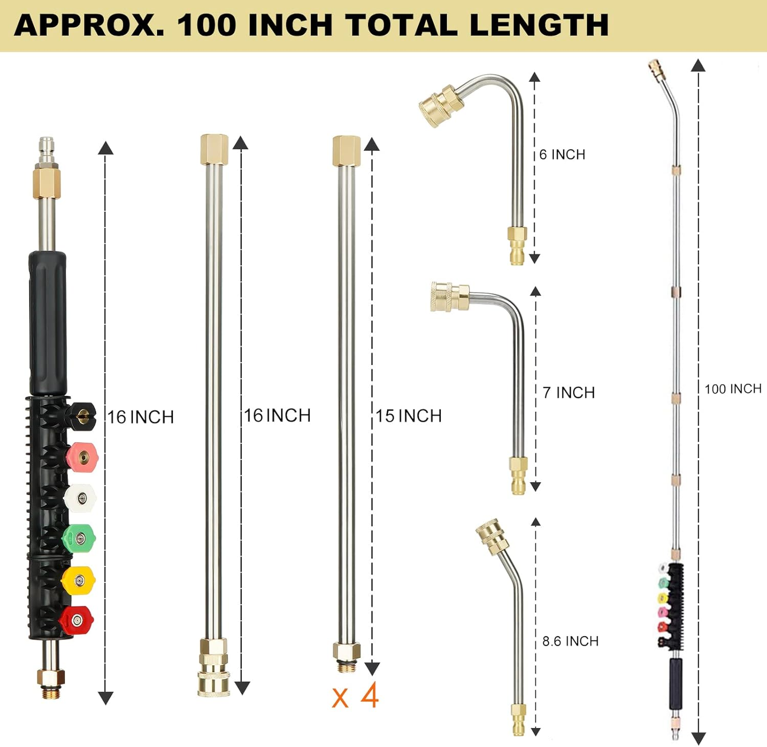 Youxmoto Pressure Washer Extension Wand Set, 4000 PSI Upgrade Power Washer Lance with 6 Spray Nozzles, 30&deg;, 90&deg;, 120&deg; Curved Rod, 97 Inch, 1/4&ldquo; Quick Connect image number 6