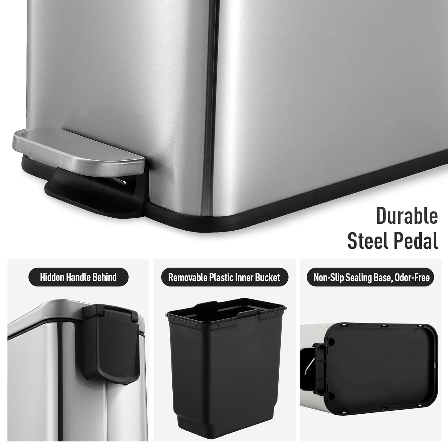 Maxkon 5L Small Pedal Rubbish Bin Stainless Steel Slim Waste Garbage Trash Can Soft Close Lid Bathroom Sliver 26 X 14 X 29 Cm - Black-20L Foot image number 3