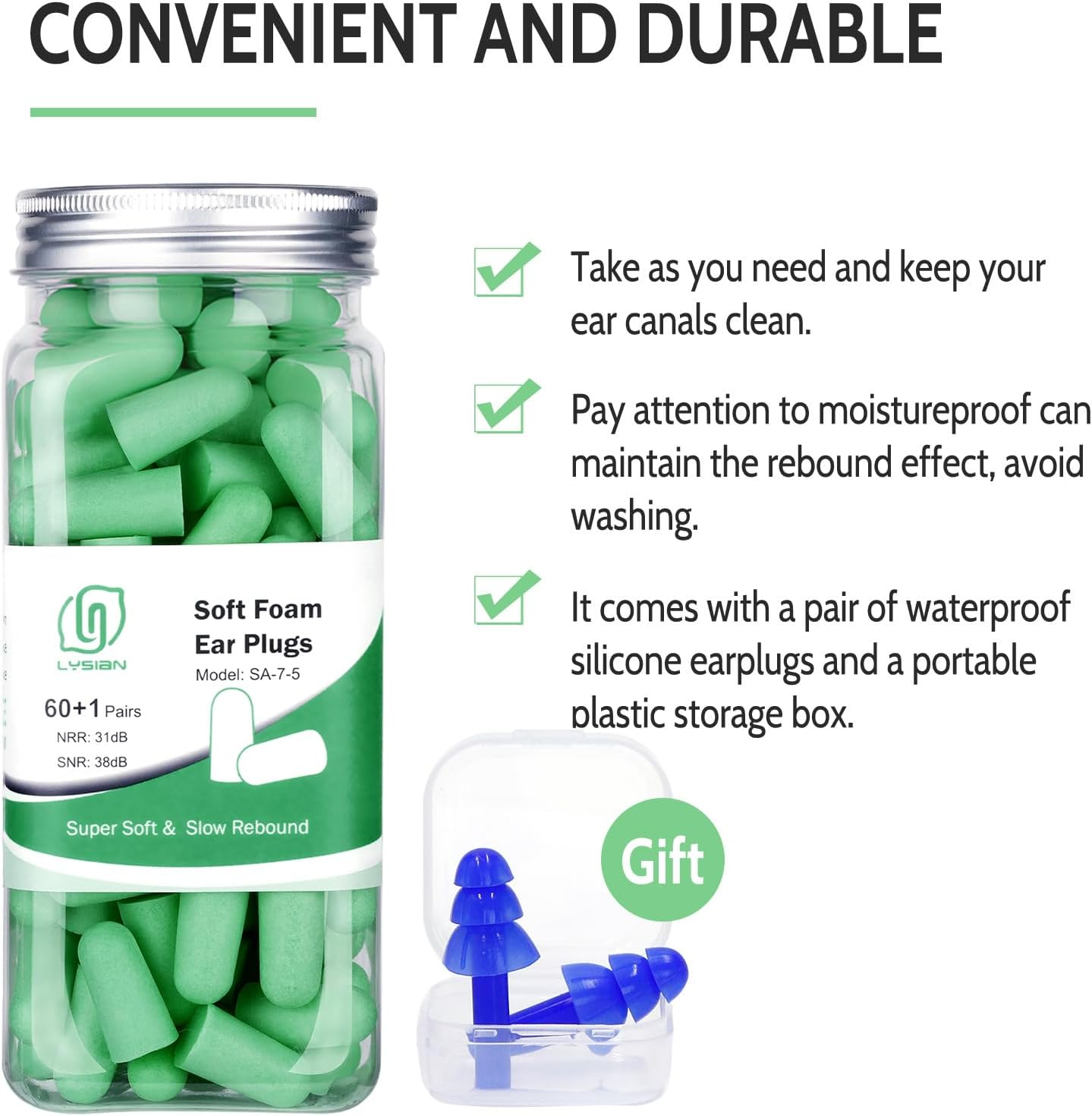 Lysian Earplugs Sleep Earplugs Noise Cancelling Ear Plug for Hearing Protection Snoring Sound Blocking 30Db Highest NRR 60 Pairs with 1 Pair Reusable Earplug image number 3