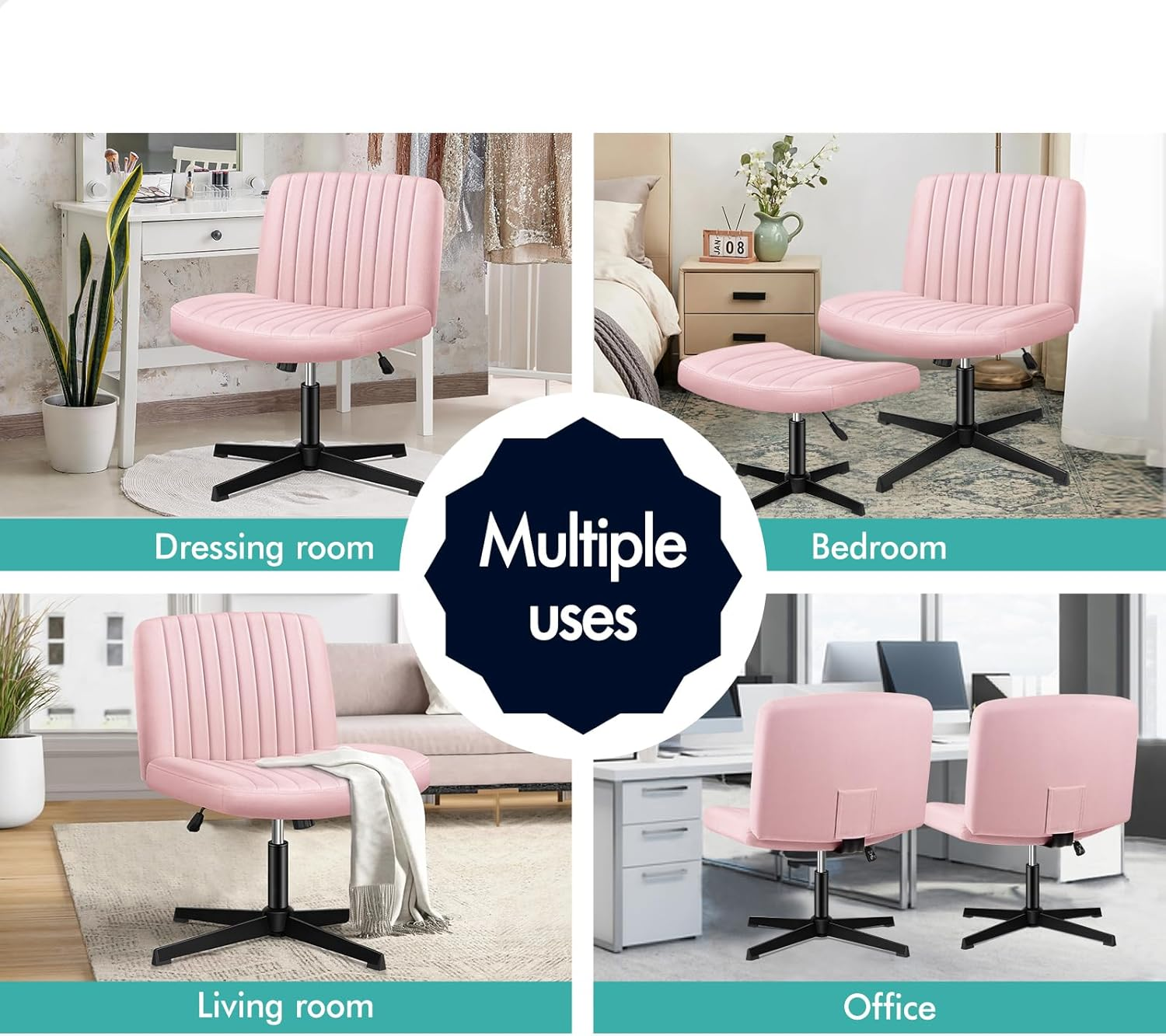 ALFORDSON Armless Criss-Cross Desk Chair with Ottoman Stool, Ergonomic Cross Leg Office Chair with Channel-Tufted Mid-Back Design, Tilt & Height Adjust and Swivel, 180Kg Max, Xavi Velvet Pink image number 2