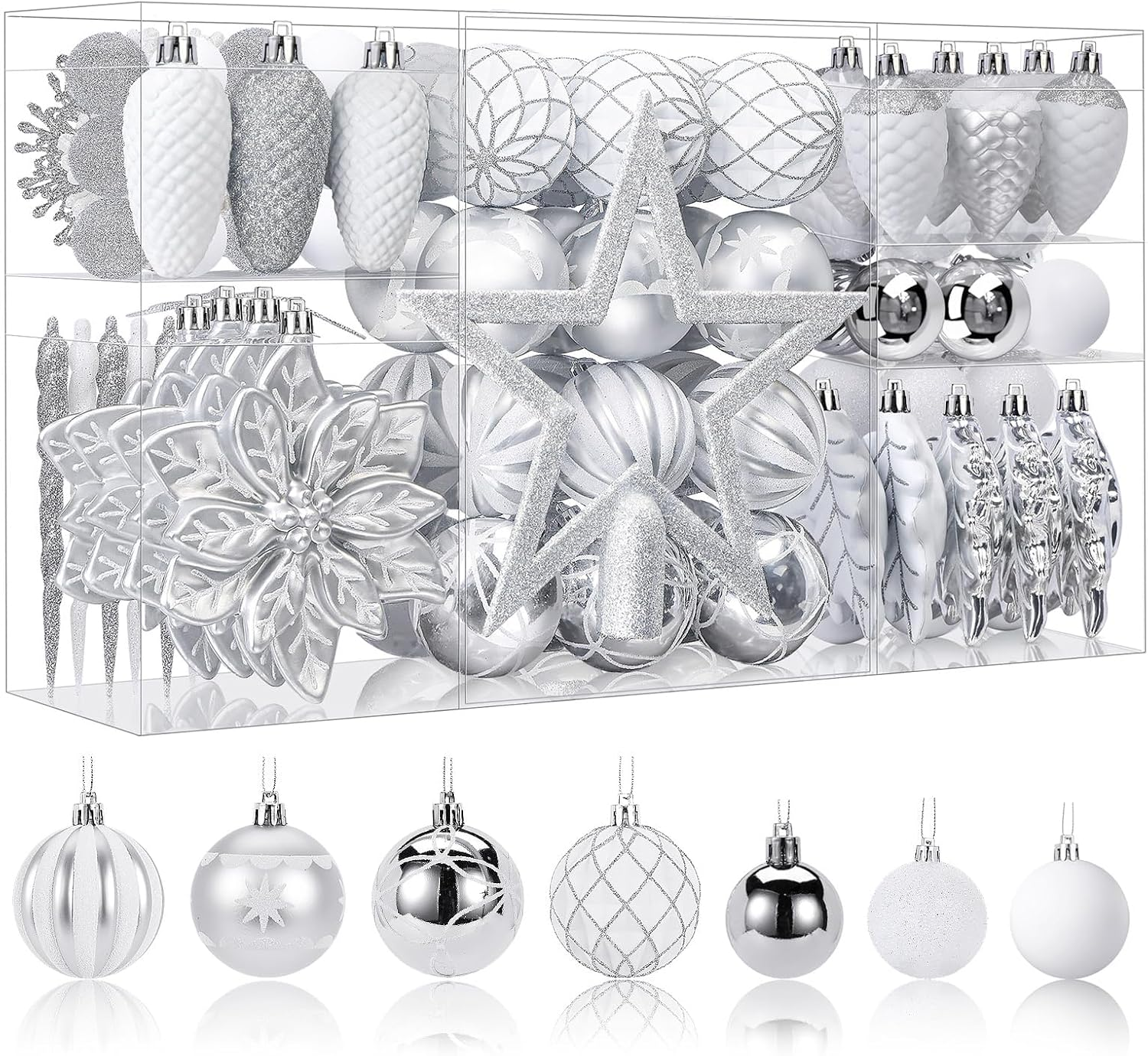 Shareconn 106PCS Christmas Balls Ornaments Set, Colorful Shatterproof Plastic Decorative Baubles for Xmas Tree Decor, Holiday, New Year, Wedding Party Decoration with Hooks Included, White &Silver image number 6