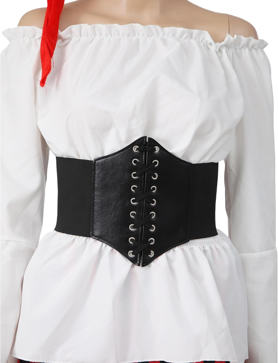 Pirate Costume Adult Halloween Costumes Women Pirate Shirt and Skirt Outfit with Hat Corset Eye Patch Accessories (White-Red Striped, XL) image number 1
