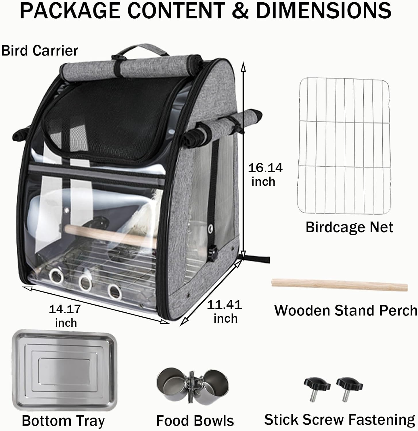 Bird Carrier Backpack - Pet Travel Cage with Upgraded Tray and Standing Perches, Breathable & Portable, for Small Birds, Green Cheek, Cockatiel, Parrot(Grey) image number 3