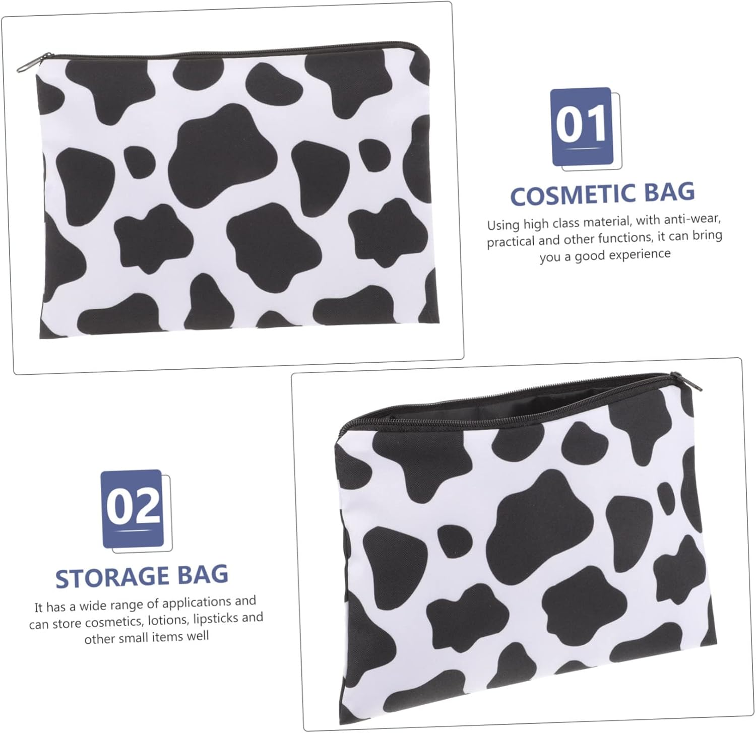 Makeup Bags Travel Cosmetic Organizer 2Pcs Large Square Black and White Cow Print Toiletry Pouch for Girls Portable Multifunctional Storage