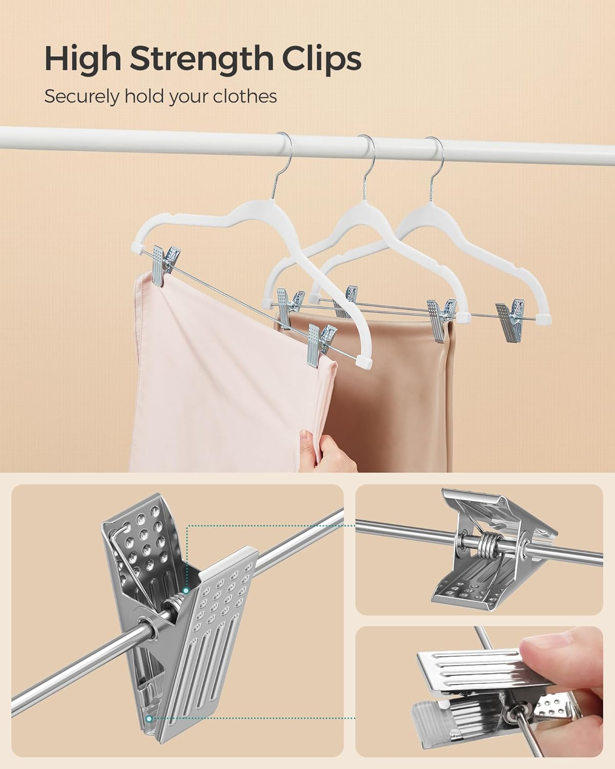 SONGMICS 50-Pack Pants Hangers, 16.7-Inch Long Velvet Hangers with Adjustable Clips, Heavy-Duty, Non-Slip Skirt Hangers, Space-Saving for Pants, Skirts, Coats, Dresses, White UCRF012W50 image number 1