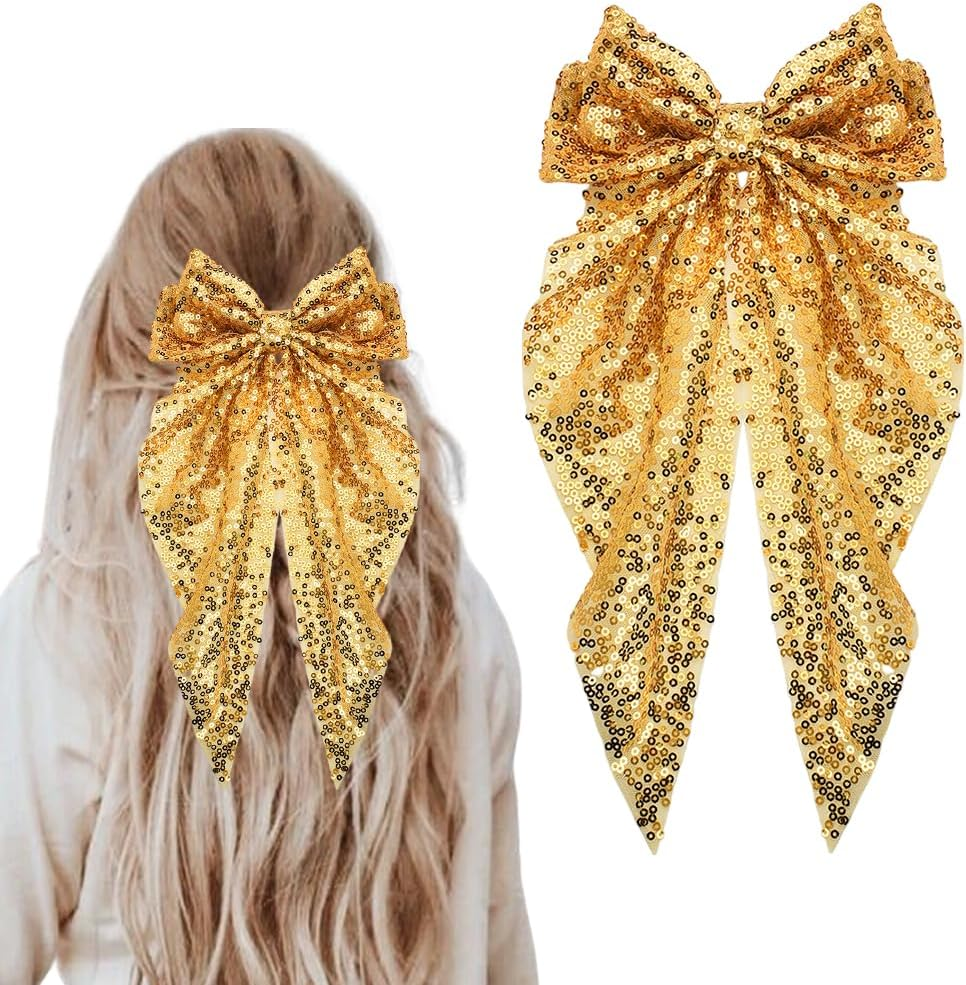 Big Sequin Black Hair Bow Clips Glitter Bows for Hair Ribbon Bow-Knot Hair Clips Barrettes Headwear Disco Festival Party Hair Accessories for Women