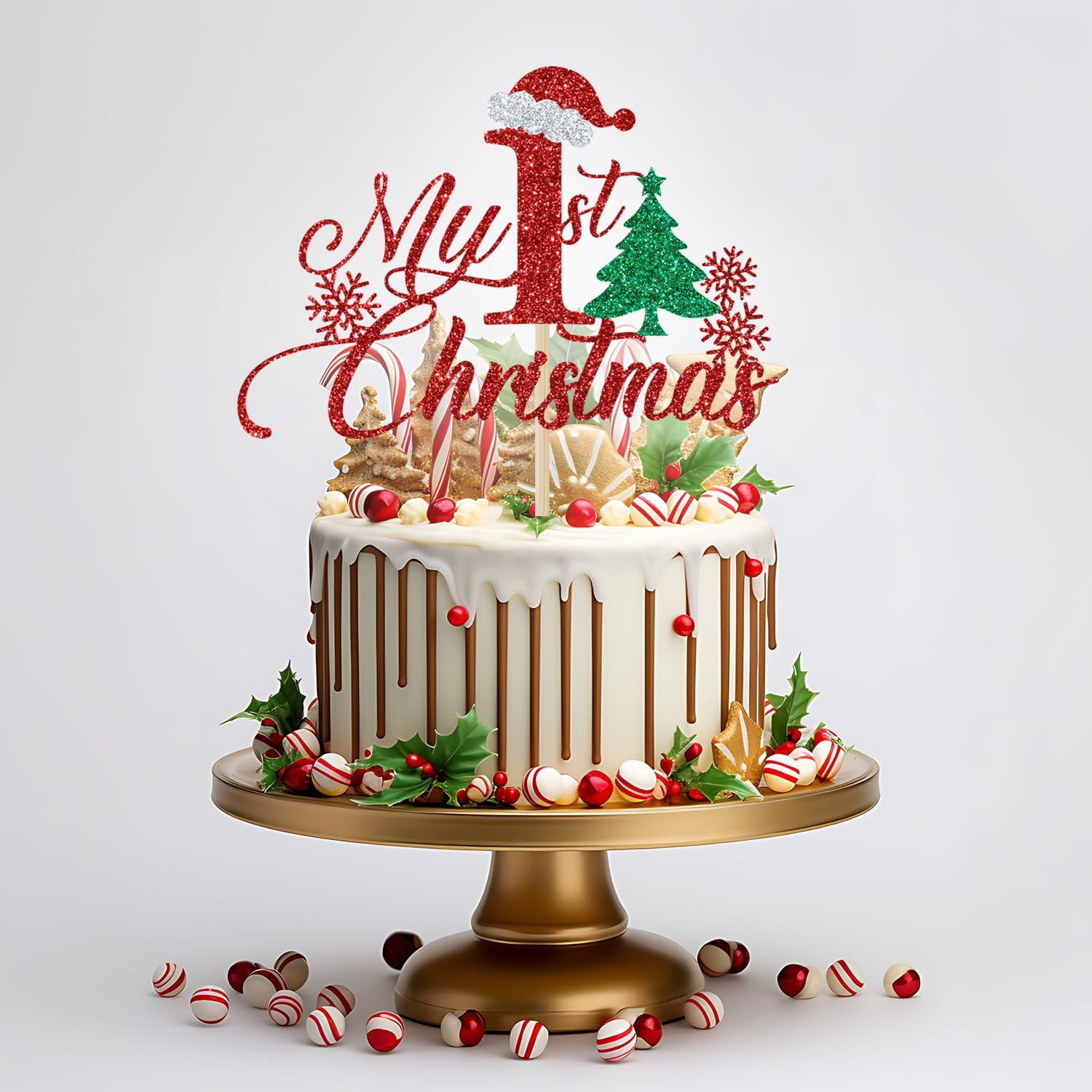 My 1St Christmas Cake Topper, Christmas 1St Birthday, Winter Xmas Baby Shower Decor, Baby'S First Christmas Party Decorations, Red Glitter image number 3
