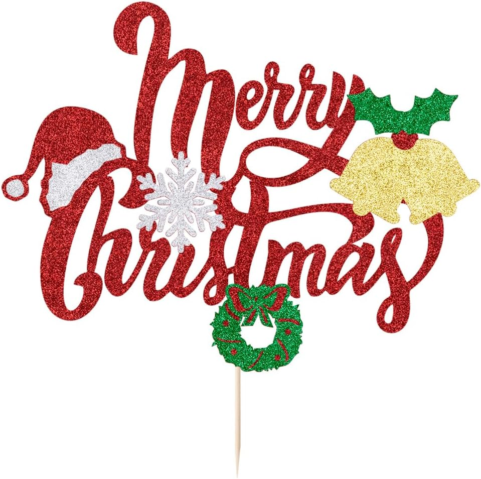 Merry Christmas Cake Toppers Glitter Christmas Eve Xmas Cupcake Picks for Celebrating Merry Christmas Theme New Year Holiday Party Cake Decorations Supplies ﻿ (Merry Christmas （Small Bell）) image number 6