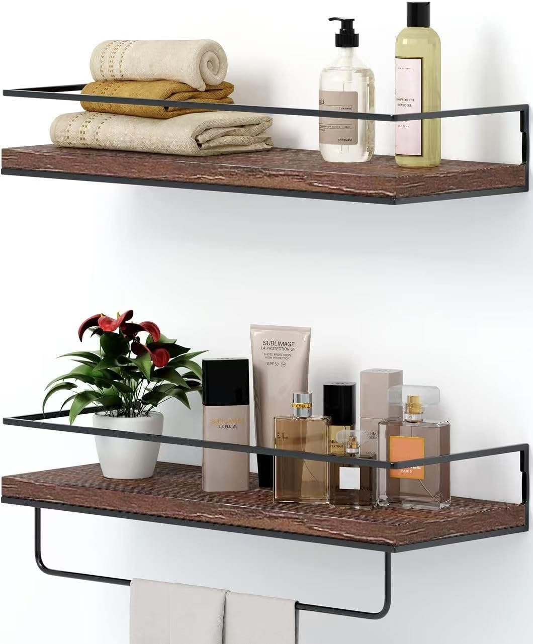 Shario Rustic Wood Floating Shelves - Set of 2, Wall Mounted Hanging Shelves with Black Towel Rack, Decorative Storage Shelves for Bathroom, Kitchen, Living Room & Bedroom (Dark Carbonized Brown)