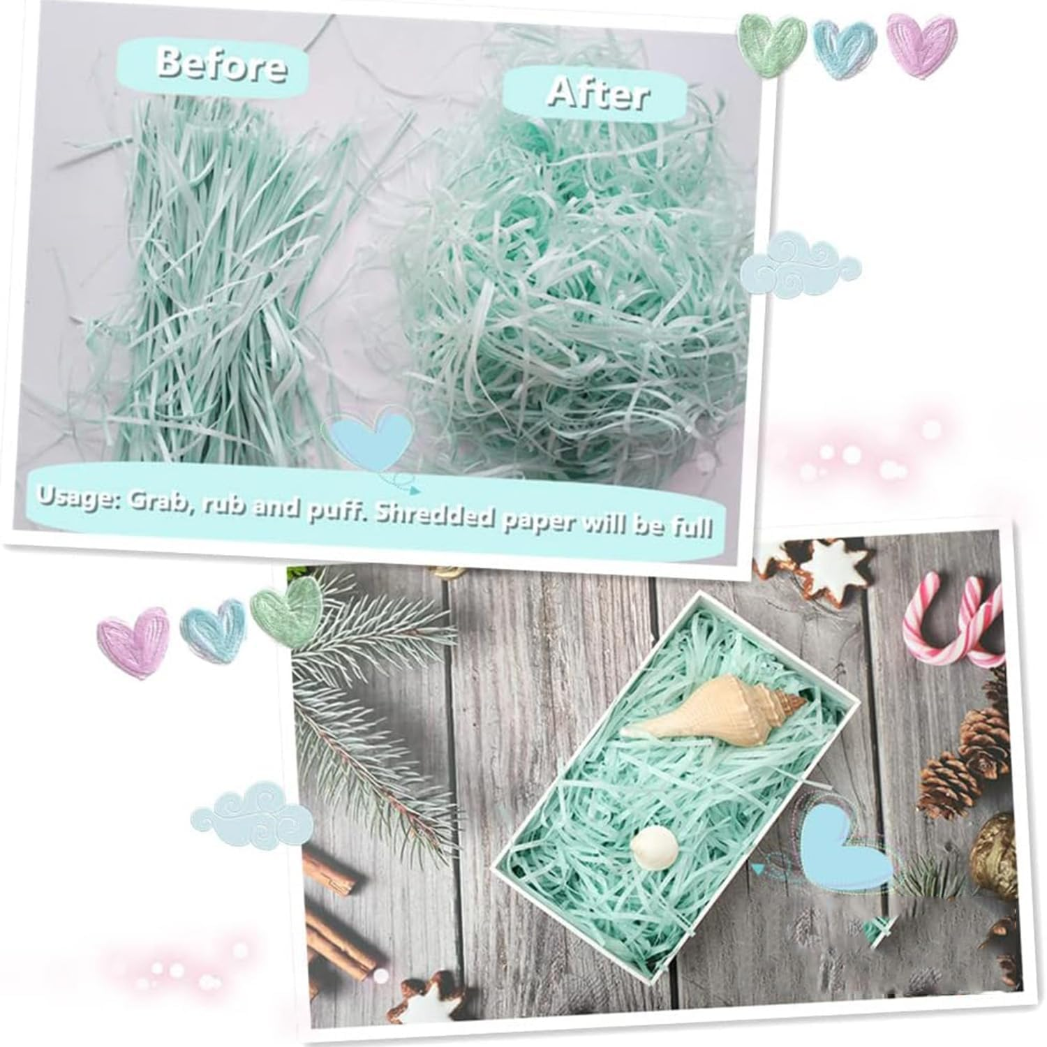 200G Crinkle Cut Paper Shred Filler for Gift Wrapping & Basket Filling, Shredded Paper for Gift Box, Crinkle Paper for Packaging (Mint Green)