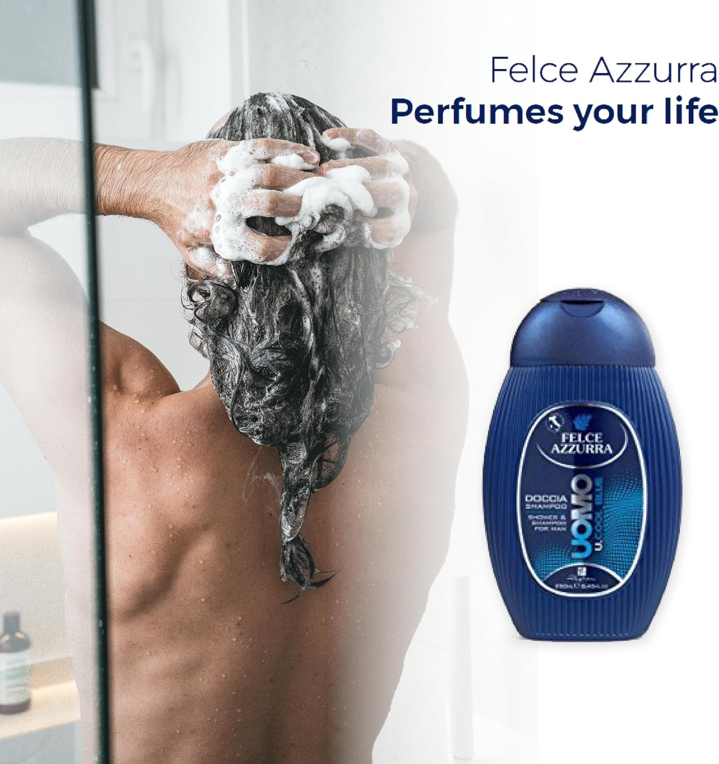 Felce Azzurra Man Shower Gel Cool Blue 2 in 1 Energising Shower Gel and Shampoo with Refreshing Fragrance for a Good Start to the Day - Pack of 1 (1 X 250 Ml) - White Musk image number 3