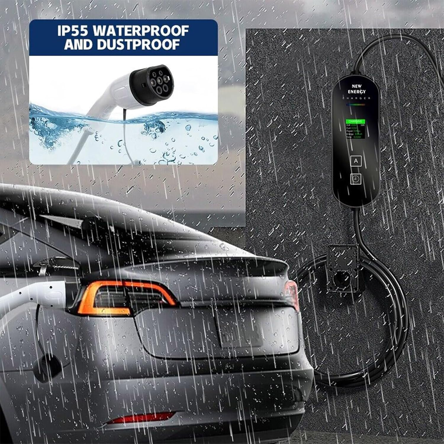 Type 2 EV Charger 32A 7KW, Single Phase EV Home Charger 8A-32A Adjustable Current with Portable Carry Bag/Lcd Display/3 PIN Plug, Geartronics Electric Vehicle Charging Station image number 5