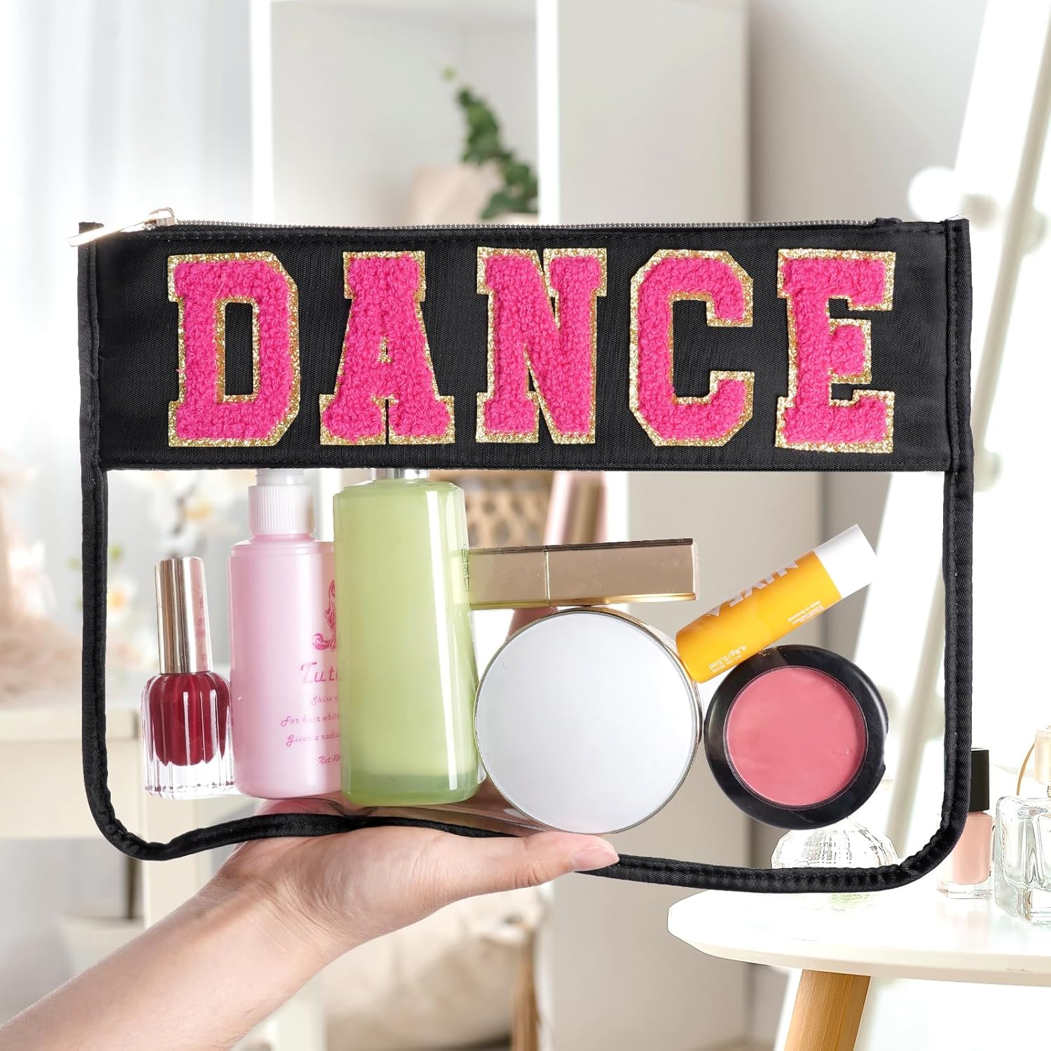 Chenille Letter Bag, Clear Flat Pouches with Zipper, Clear Makeup Letter Bag, Black-Dance, 11.8X8.7 Inch image number 1