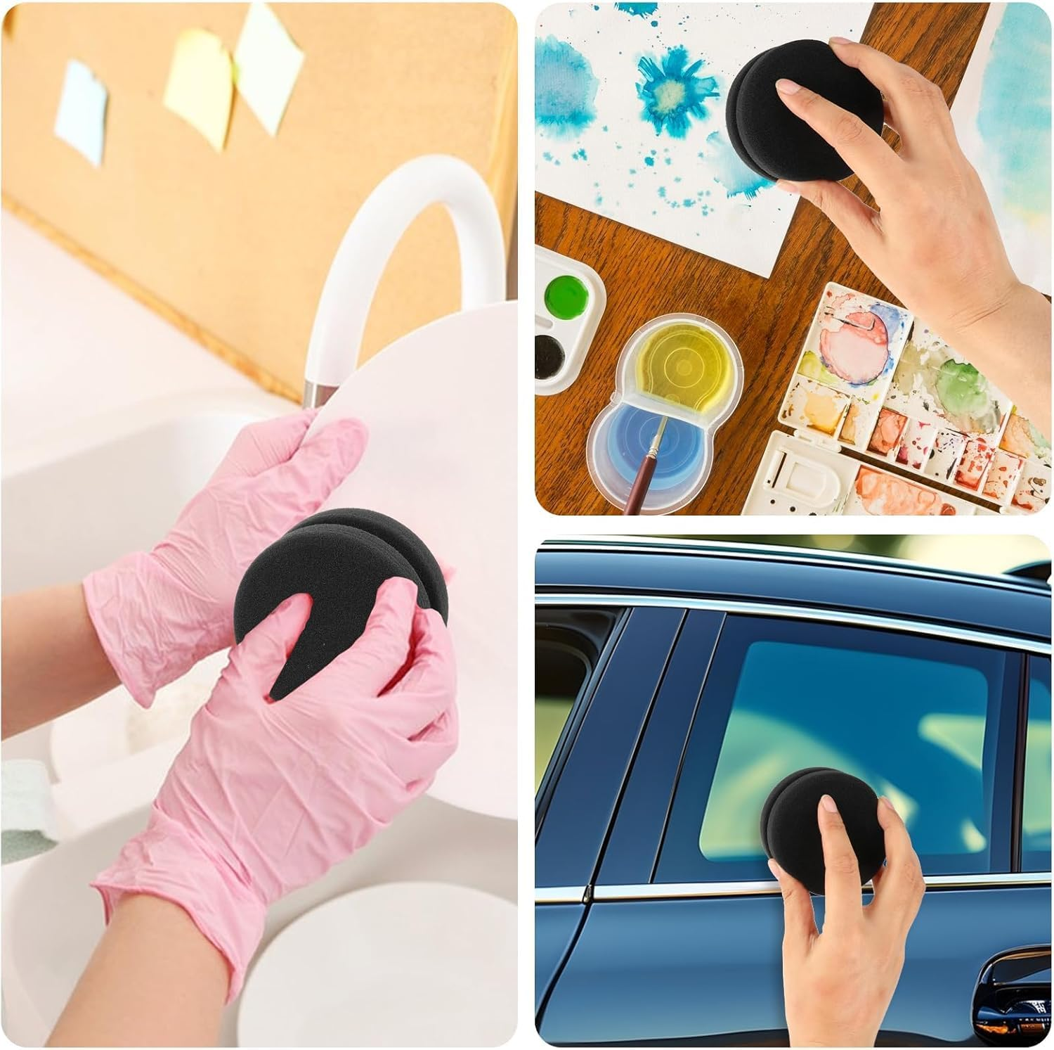 3 PCS Sponge Brushes for Painting, Foam Paint Brushes Paint Sponge Applicator, Double-Side round Detail Art Craft Painting Sponges for Car Waxing Acrylic Oil Watercolor Art Paint (Black, One Size)