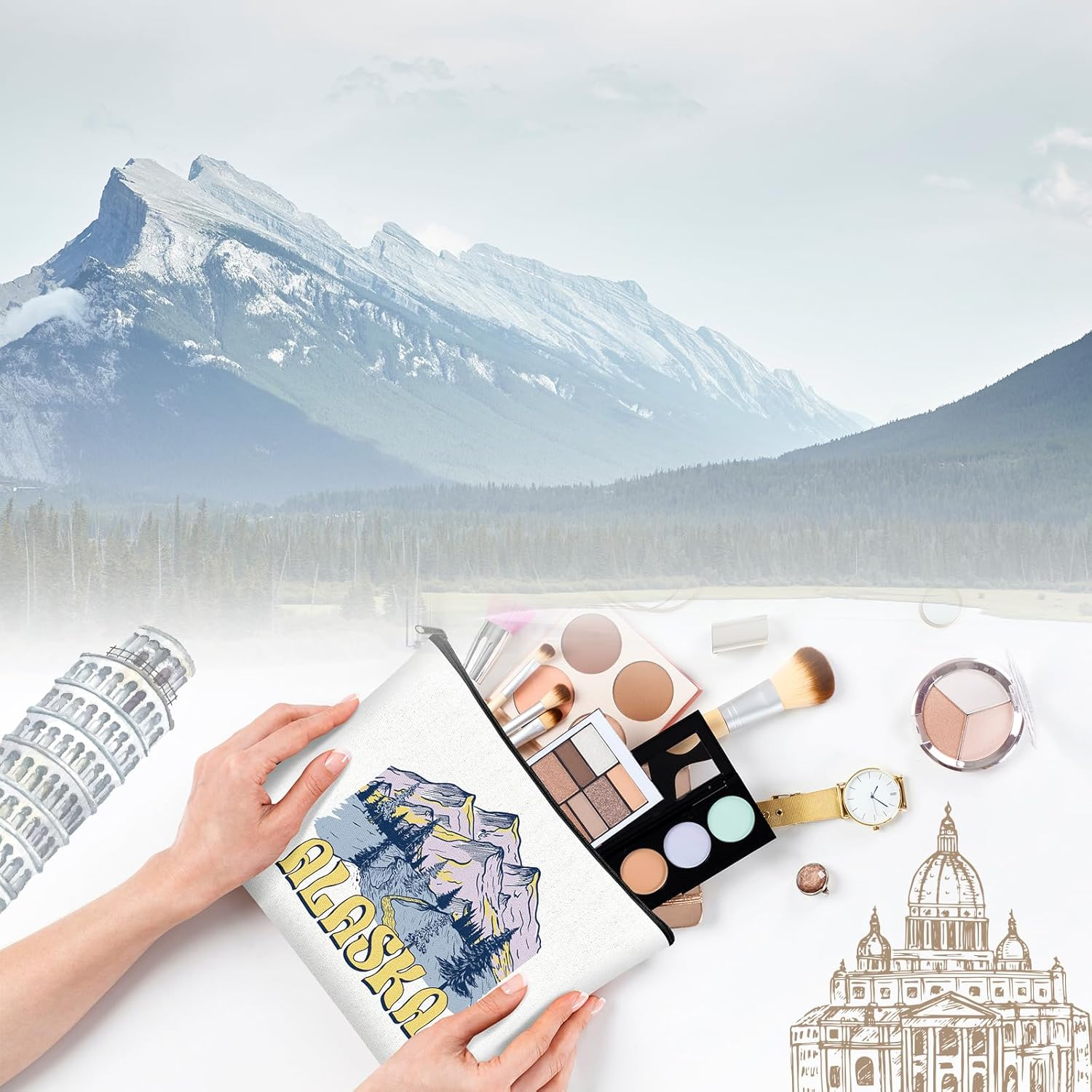 9 Pcs Alaska Cosmetic Bag New York Souvenir Zipper Pouch Los Angeles Souvenir Gifts Italy Paris Broadway Alaska Makeup Purse for Girls Women Traveler Birthday Christmas Party Favors image number 1