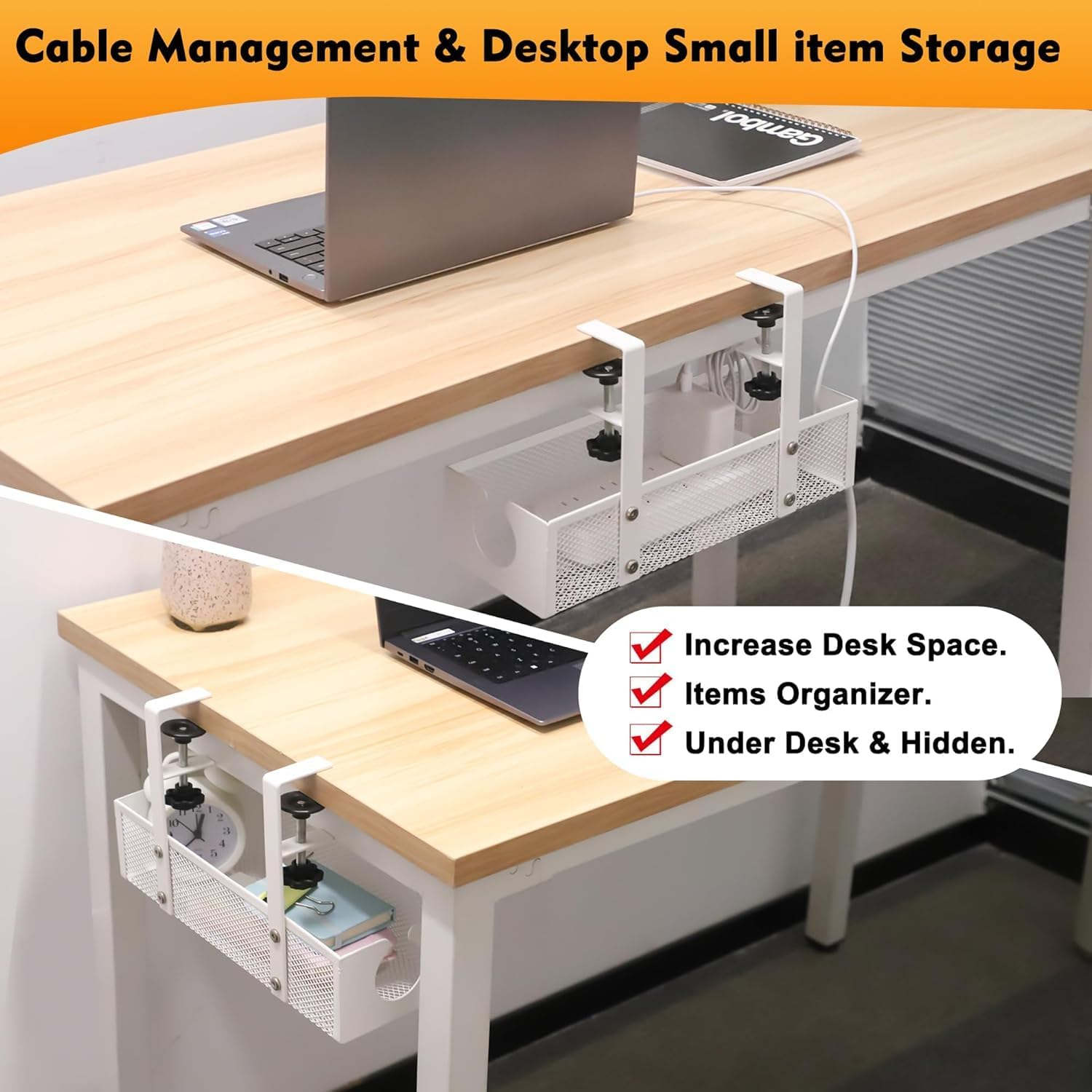 Under Desk Cable Management Tray No Drill Cable Management Box with Clamp for Wire Organizer under Table Wire Management Tray Cord Organizer Rack Basket for Office & Home Standing Desk White image number 6