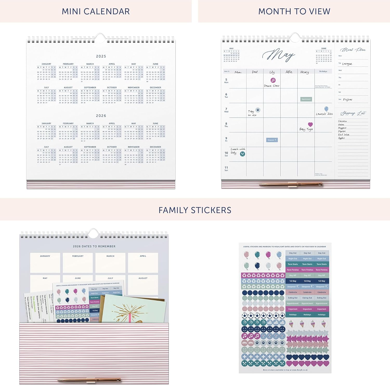 Busy B 2025 Family Wall Calendar with Weekly View for 5 Members &ndash; Navy and Gold A4 Planner with Meal Plans, Shopping Lists, Stickers & Storage Pocket - Family Calendar for Home Organisation