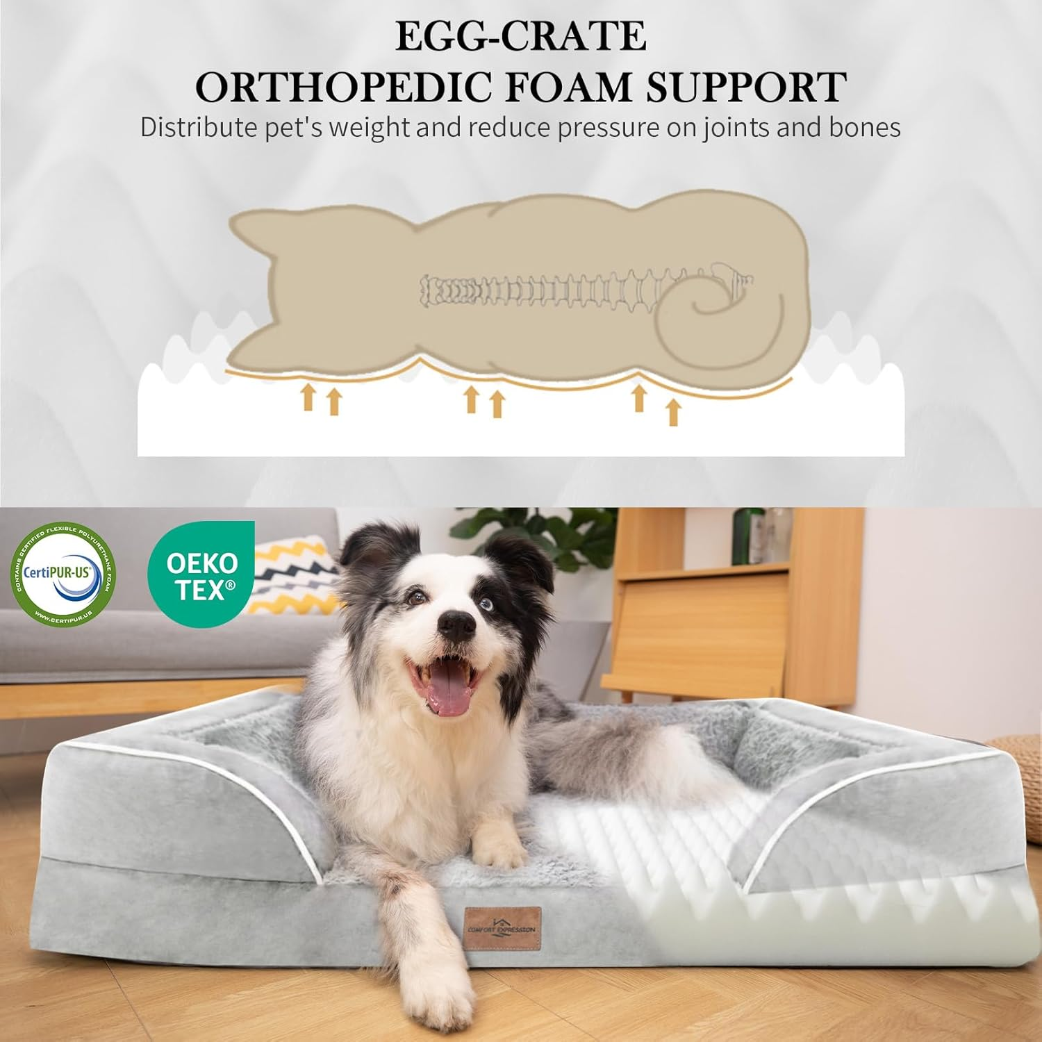 Comfort Expression Dog Bed for Extra Large Dogs, Waterproof Orthopedic Bed, Breed Durable PV Washable Sofa White, with Removable Cover Zipper, Jumbo-45''X35'' image number 6