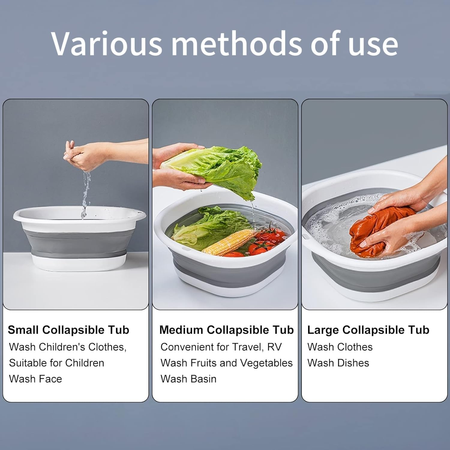 3Pcs Collapsible Wash Basin, Foldable Laundry Tub, Plastic Dishpan, Portable Sink Dish Basin for Washing Dishes, Fruit, Foot Soak, Camping, Picnic, Laundry image number 5