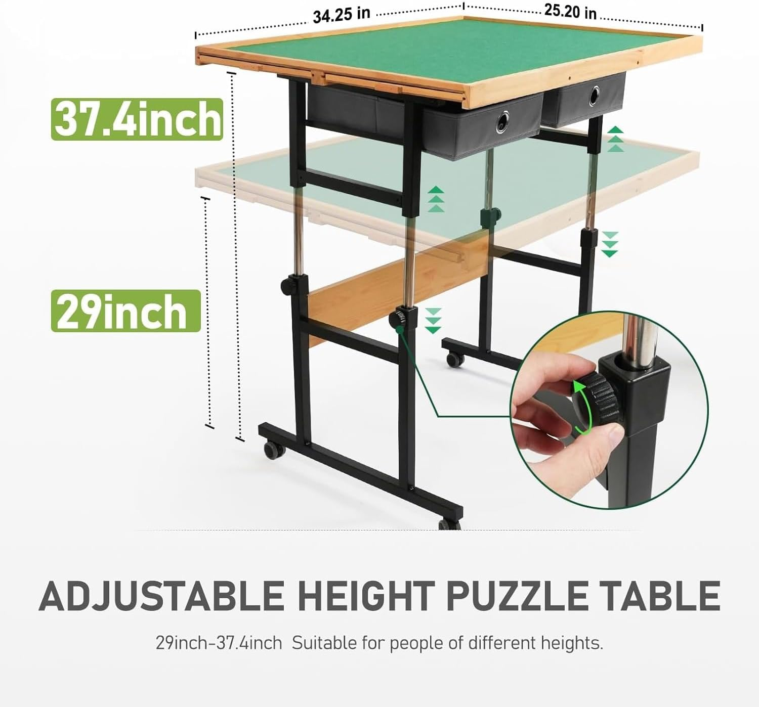 1500 Piece Jigsaw Puzzle Table, Adjustable Height & 45&deg; Tilting Jigsaw Puzzle Board with Legs, Wheels, 4 Wooden Drawers, 2 Fabric Drawers and Protective Cover, 25"X34" Adult Puzzles Tray Wooden Table image number 2
