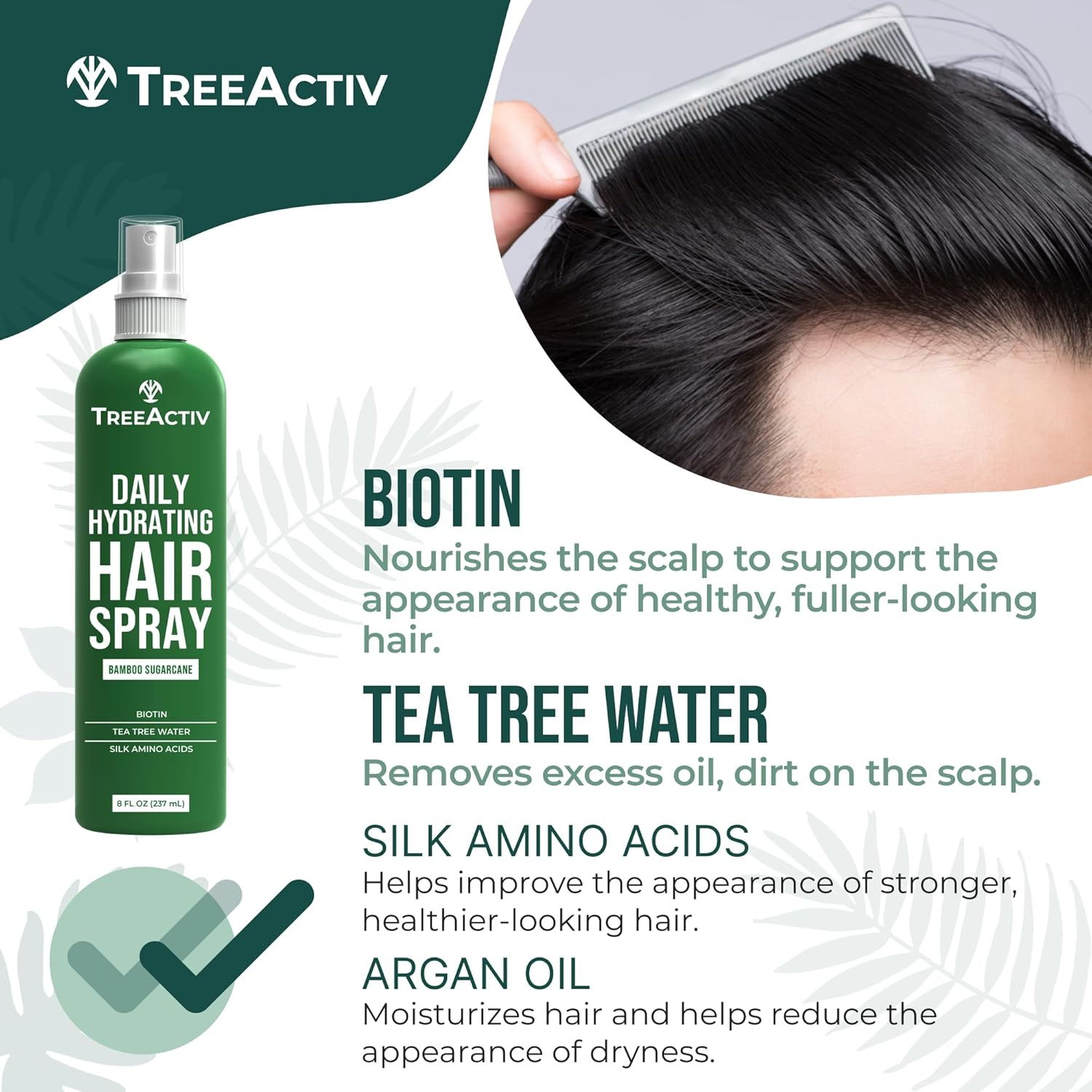Treeactiv Hair Growth Daily Nourishing Spray Natural Leave in Conditioner anti Frizz Reduce Curly Frizzy Hair Argan Oil Biotin Keratin Silk Aminos Tea Tree (Bamboo Sugarcane)