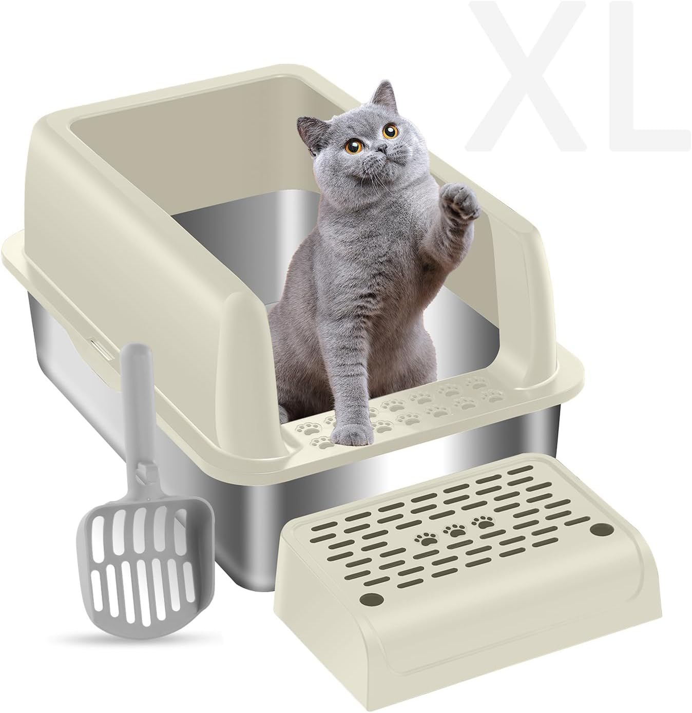 Menbyci Stainless Steel Cat Litter Box with Lid Footboard,Metal Extra Large Litter Box Self Cleaning,High Side Enclosure Cat Litter Tray for Big Kitty,Cat Scooper for Litter Boxes,24X16X12In (Khaki) image number 1
