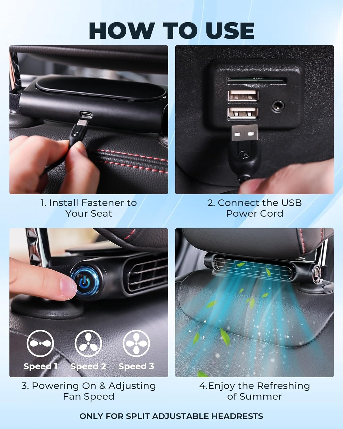 USB Car Cooling Fan for Backseat, 3 Speeds Front/Rear Seat Headrest Fan, 5V Powerful Electric Air Circulation Fan for RV Truck (Black) image number 5