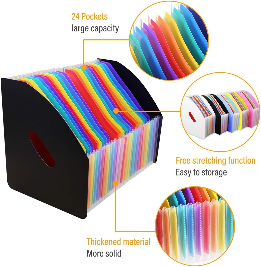 SAYEEC Clearance 24 Pockets Accordion File Organizer Upright Desktop Expandable Magazine Holder A4 Document File Holder Letter Size Stand Organizer Black Cover