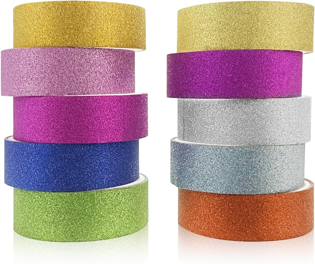 Glitter Washi Tape Set, 10 Rolls Colored Sparkle Decorative Tapes for Craft, Scrapbook, Gift Wrapping (3M/9.8Ft) image number 1