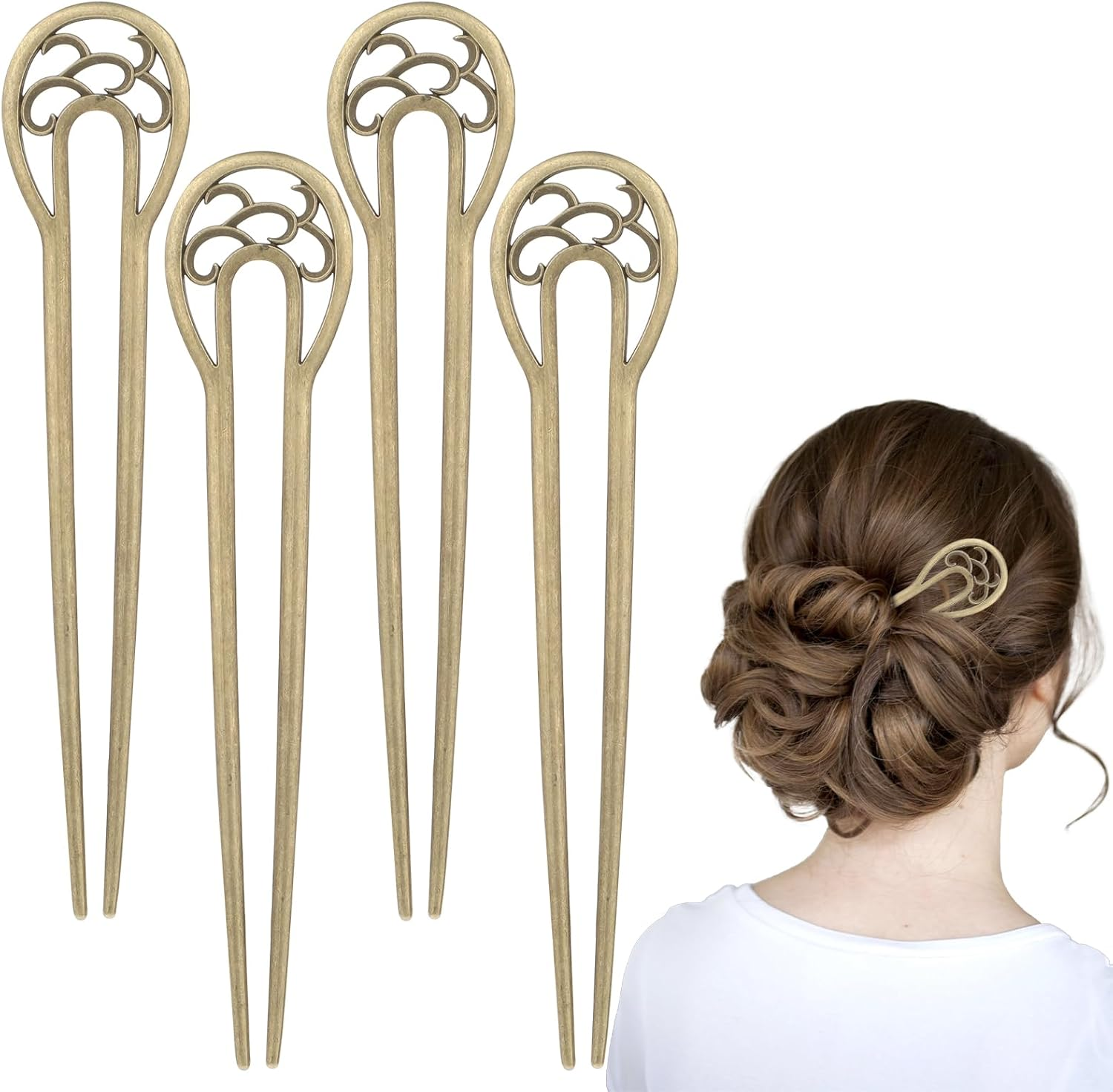 Giantree 4 Pcs Metal U Shaped Hairpin, French Pins Vintage Hair Sticks Hair Fork Pins Hair Accessory for Women and Girls Hairstyles image number 6