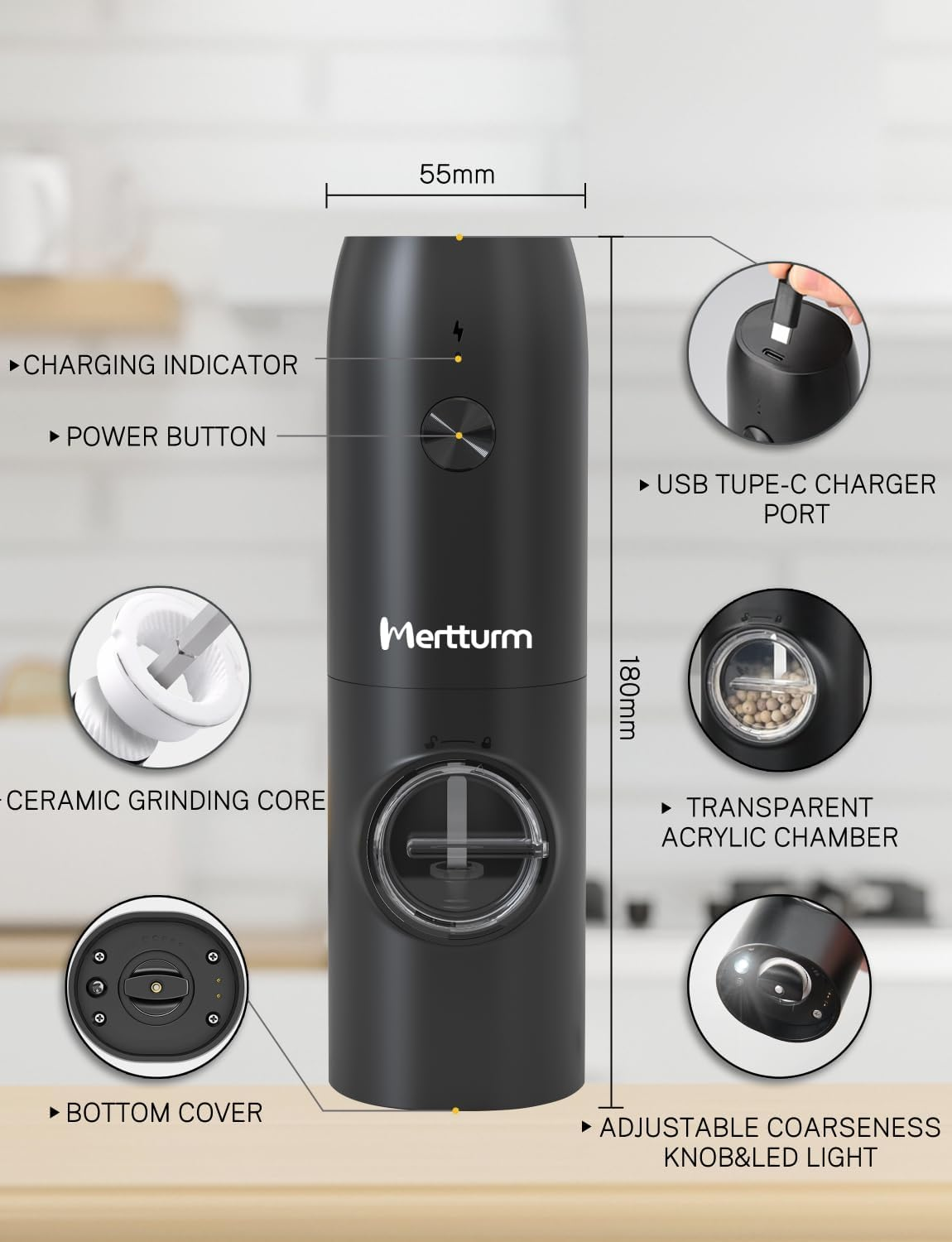 MERTTURM Rechargeable Electric Pepper Grinder, Automatic Pepper Salt Mill with LED White Light, One Hand Operation, Coarseness Adjustable, Refillable and Portable for Kitchen, Restaurant, Camping BBQ