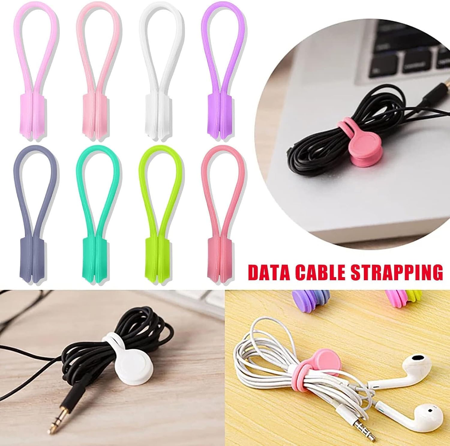24 Pcs Reusable Magnet Cable Ties for Binding and Sorting, Earphone, USB Charging, Suspension and Fixed Key Chains, Silicone Wire Winders, Magnetic Cable Clips (8 Colors) image number 1