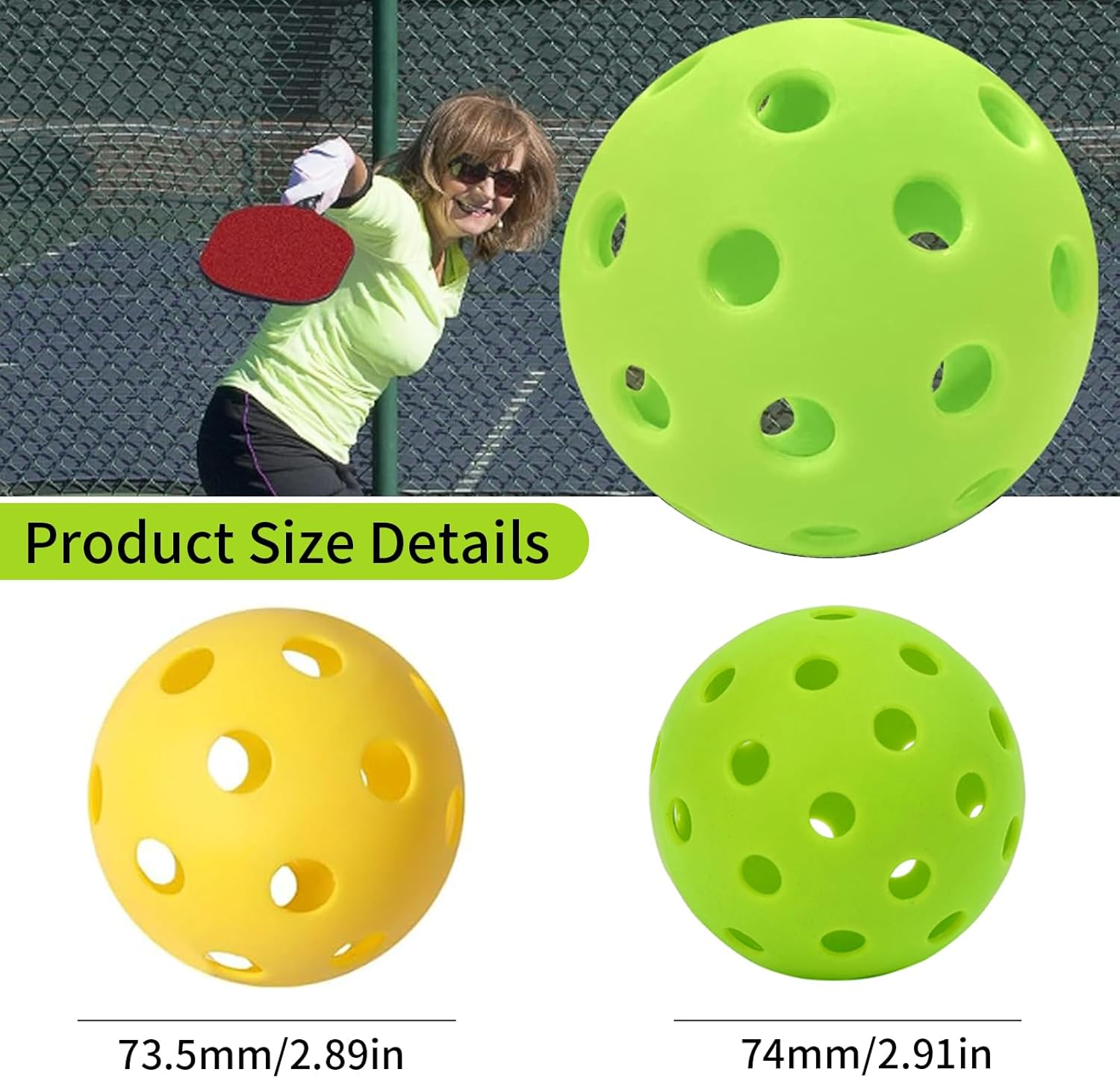 12 Packs Outdoor Pickleball Balls, 6 Green(Outdoor 40 Holes)+6 Yellow(Indoor 26 Holes), High Elasticity & Durable Pickleballs for All Style Pickleball Paddles, Great Gifts for Pickleball Lovers