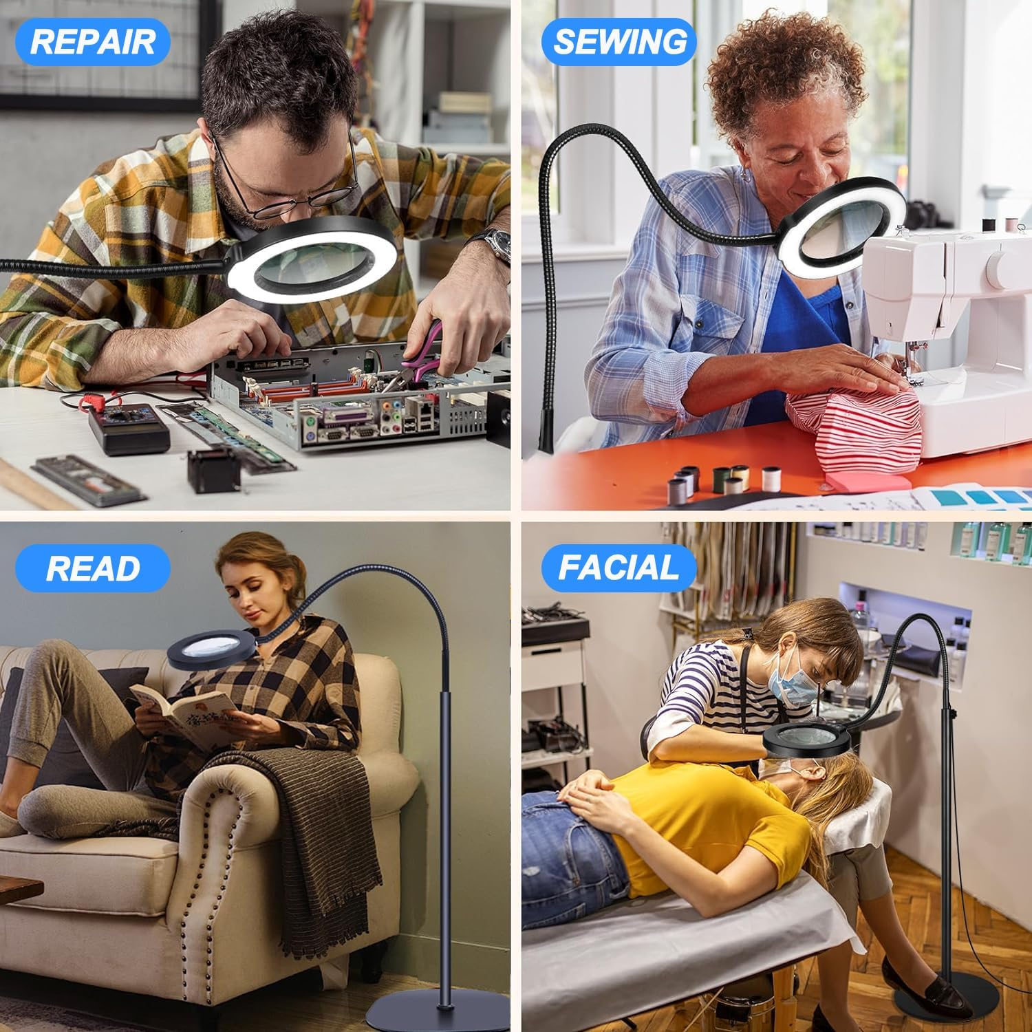 Magnifying Floor Lamp, 5X 10X Magnifying Glass with Light with 3 Color Modes and Dimmable Adjustable Brightness, 72 LED Gooseneck Standing Magnifying Glasses Lamp for Repair, Reading, Crafts image number 3