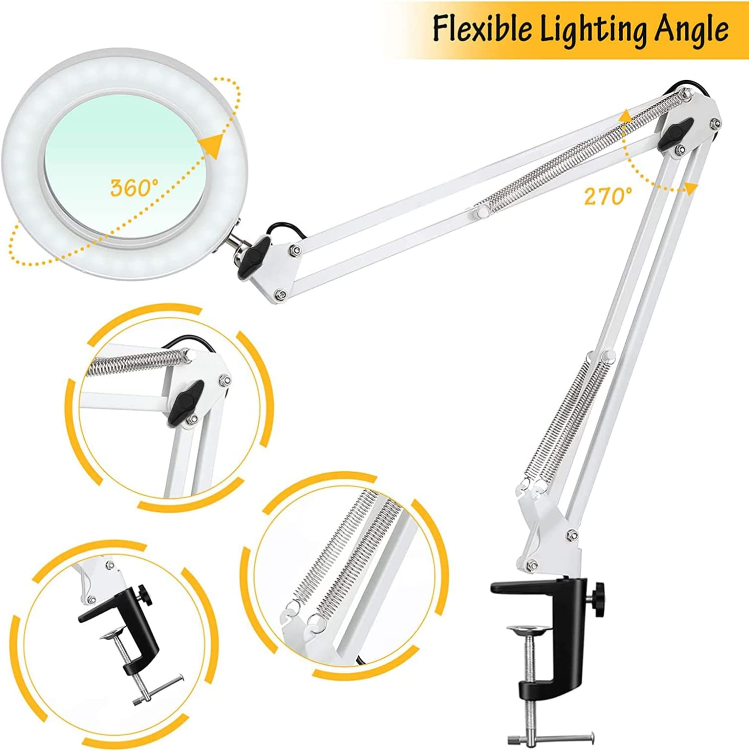LED Magnifying Lamp, 8X Magnifying Glass Desk Light, 3 Color Mode 10 Brightness Level, 8-Diopter Magnifying Glass Clamp Lamp, LED Lighted Magnifier for Repair, Reading, Crafts, Close Works